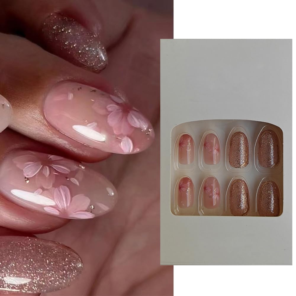 S.A.V.I 24 Pcs Medium Length Press-On Nails | Round Shape, Pink Floral Design with Glitter | DIY Artificial False Nails | Natural Look, Easy to Apply, Long-Lasting Stick-On Nails for Women & Girls-image-17
