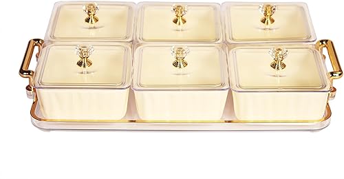 Miniatura 1 de Creativity Home Bandeja de porcelana para servir nueces y dulces, cuenco para aperitivos de fiesta, cuenco para dulces con bandeja de tapa acrílica,