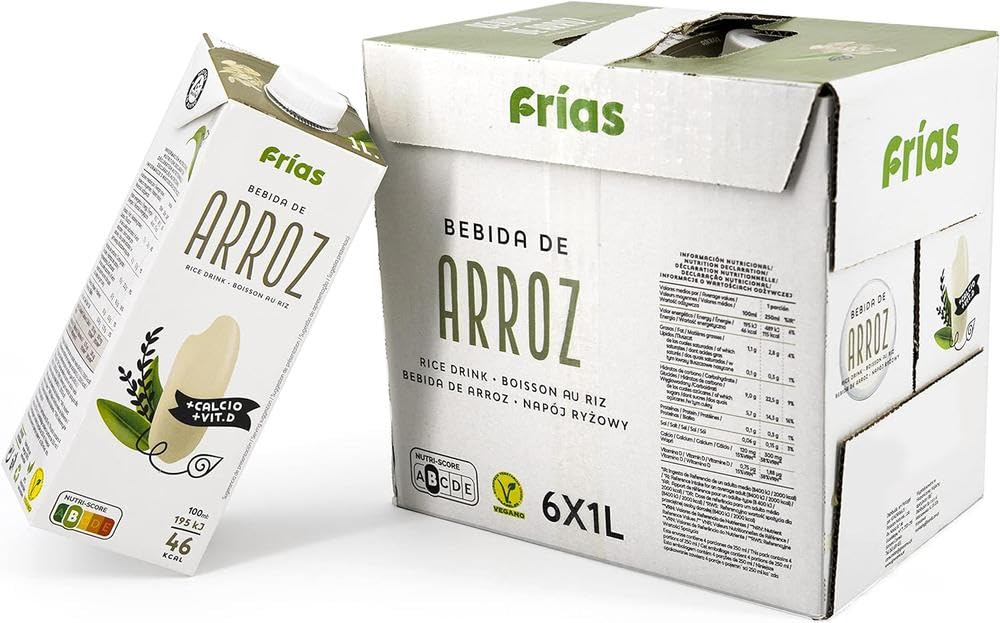 Frías - Boisson Végétale au Riz - Riche en Calcium et Vitamine D - Pack de 6 x 1 L - 100% Végane - Sans Gluten, Sans Lactose, Sans Sucres Ajoutés et Sans Graisses Saturées - Fabriquée en Espagne