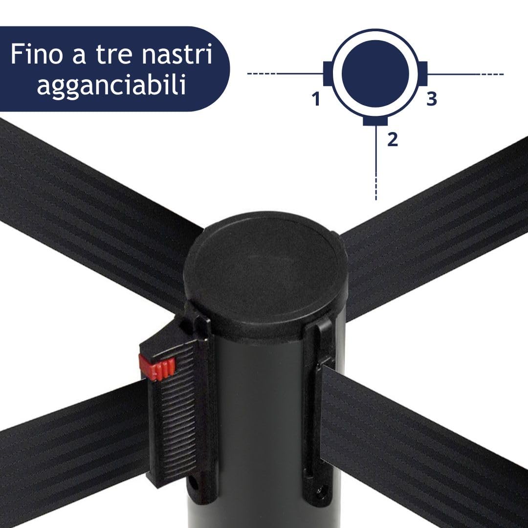 Danieli | Paletti delimitazione con nastro | Coppia di Colonnine Tendinastro Segnapercorso Nere | Delimita Corsie con Paletti Distanziatori con nastro da 3 metri NERO