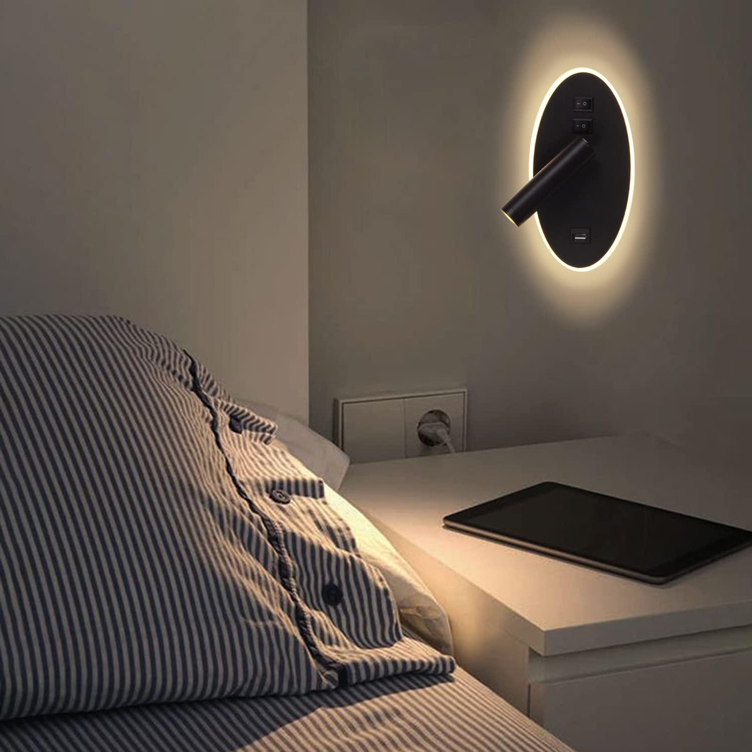 Applique da comodino orientabile Porta di Ricarica USB Lampada da Parete camera da letto Faretto da camera da letto luce per la lettura LED (3W + 9W 3000k)