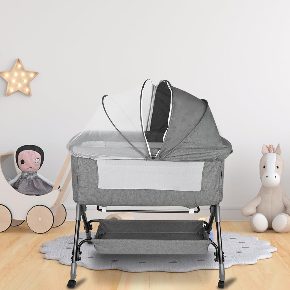 Kedia Babybett, Beistellbett, Kinderbett mit Moskitonetz, Kinderreisebett mit Rollen, 4 Höhenverstellung, Babybetten Stubenwagen, 104 * 52 * 103-115cm (grau)