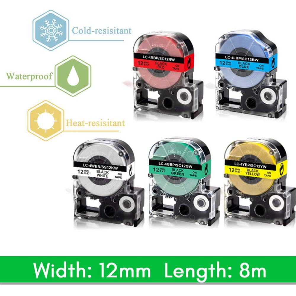 3PK Cinta SC12YW de 12 mm para rotuladora Compatible con SC12YW LK-4YBP LW-700 Negro sobre Amarillo