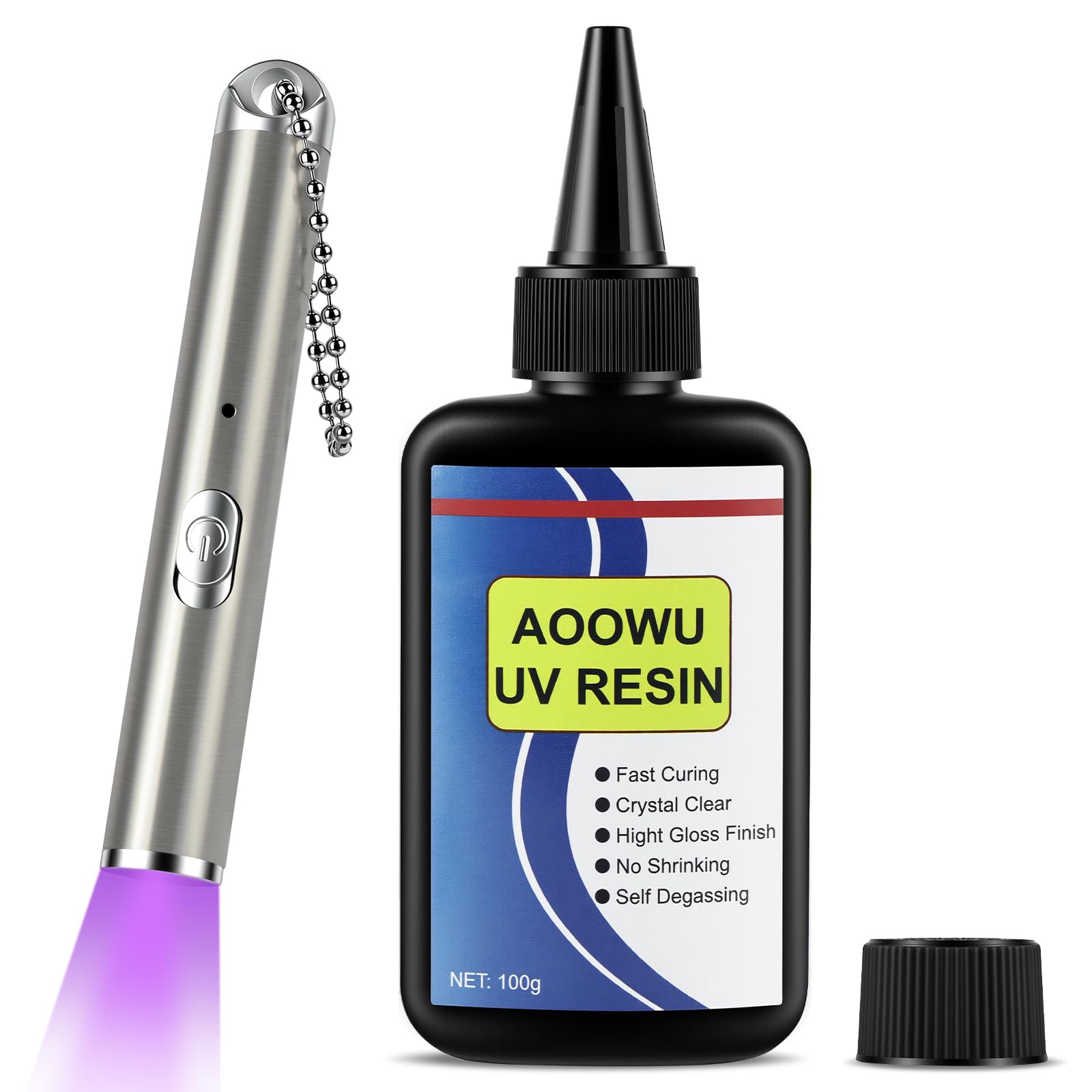 AOOWU UV Resin Kit with Light, 100g UV Glue for with Rechargeable 395nm UV Flashlight, Bonding & Curing in Seconds, UV Resin Kit for Welding Resin, Jewelry Bonding, Plastic, Glass Light, Acrylic