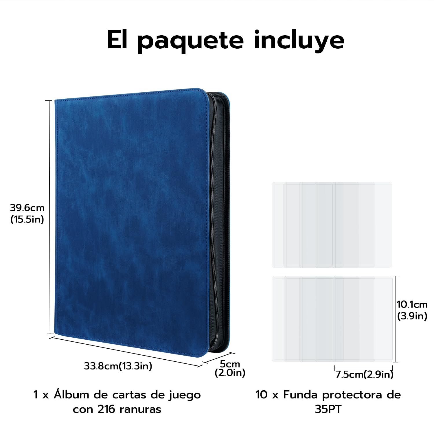 Álbum Toploader Cartas Coleccionables 216 Compartimentos - Carpeta Binder TCG MTG con 10 Fundas 35PT - Archivador Card Portfolio Cremallera Impermeable Azul