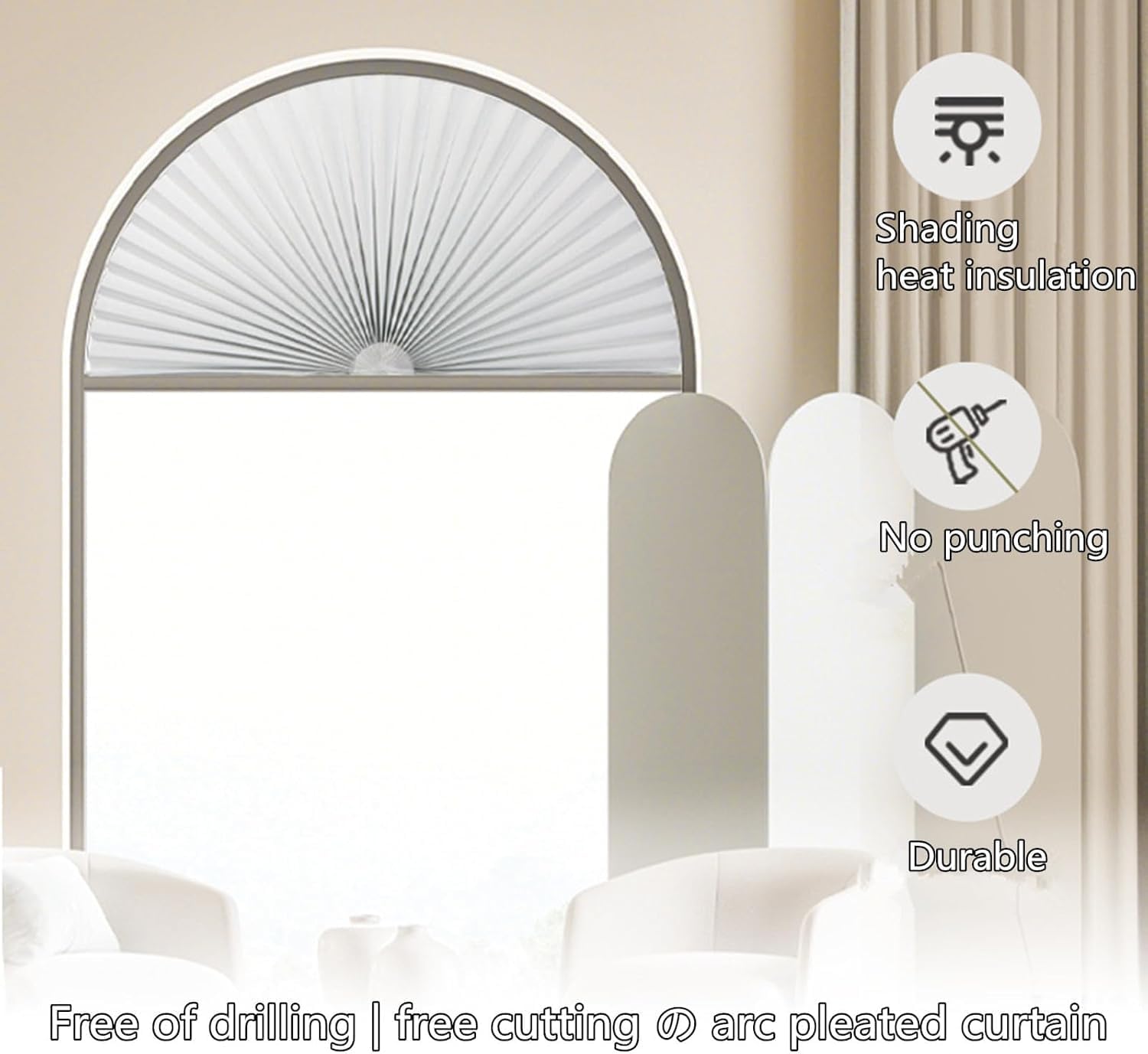 Arch Window Shade Half Circle Pleated Shade Blinds 60%-70% Shade Upgrades Self Adhesive Half Moon Round Window Covering Easy to Cut and Install for Front Door Arch Window18 W x 36" L