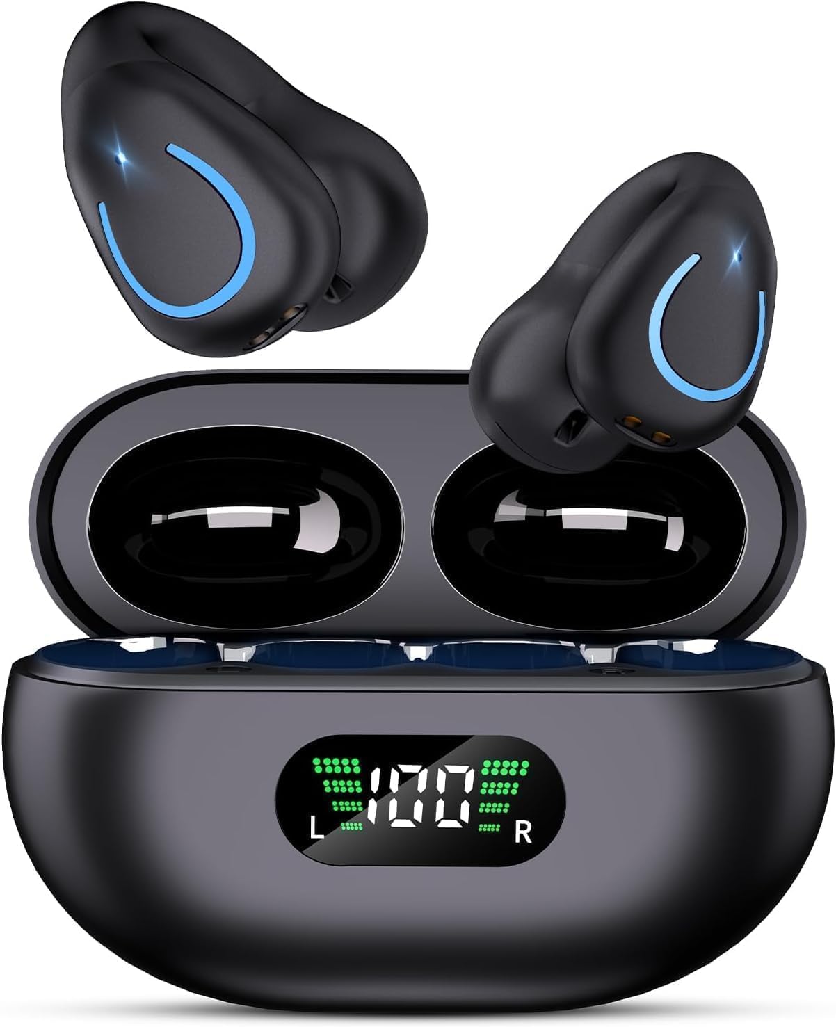 Photo 1 of Open Ear Bone Conduction Headphones, Bluetooth Lightweight Clip On Earbuds Comfort with Digital Display Charging Case Sport Earphones Built-in Mic Waterproof for Running Fitness Exercise, Matte Black