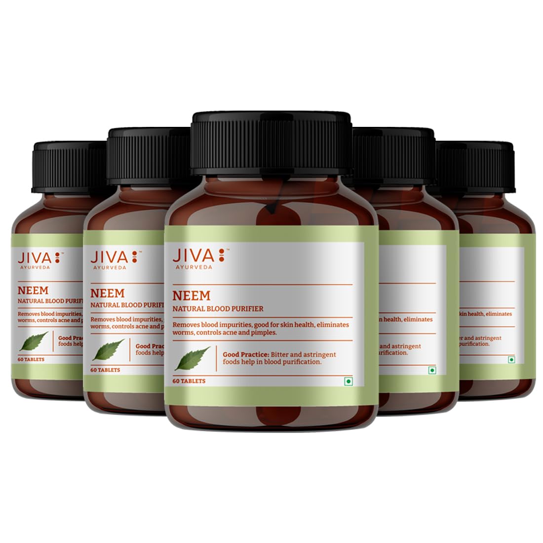 Jiva Neem Ayurvedic Tablets 500mg 300 Tablet | 100% Pure & Natural | Natural Blood Purifier | Skin Wellness | Controls Acne and Pimples | Veg Tablets - 60 Tablet (Pack of 5)