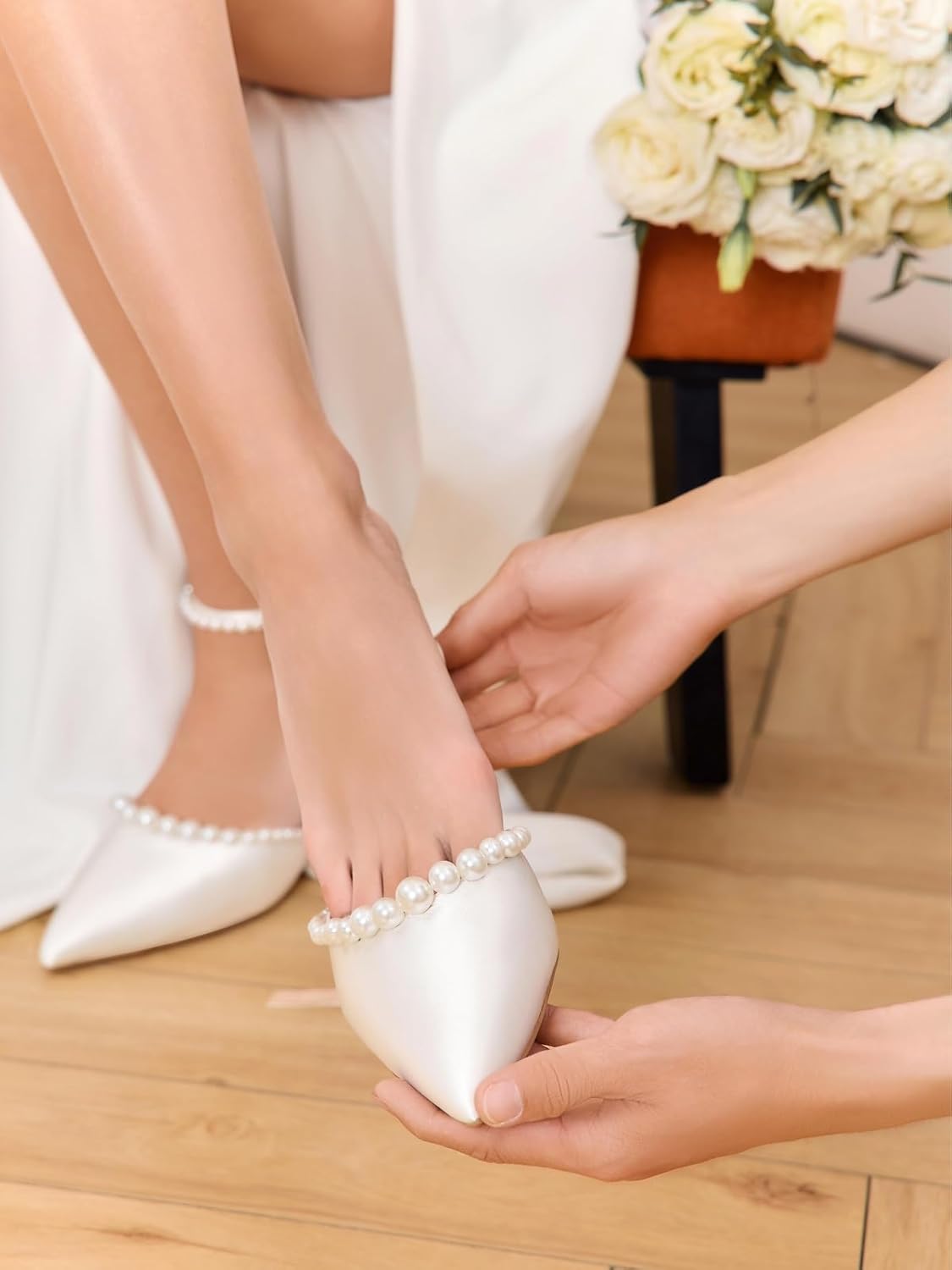 Coutgo Womens Pearl Kitten Heels Closed Pointed Toe Wedding Bride Dress Shoes Ankle Strap Satin Pumps - Image 2