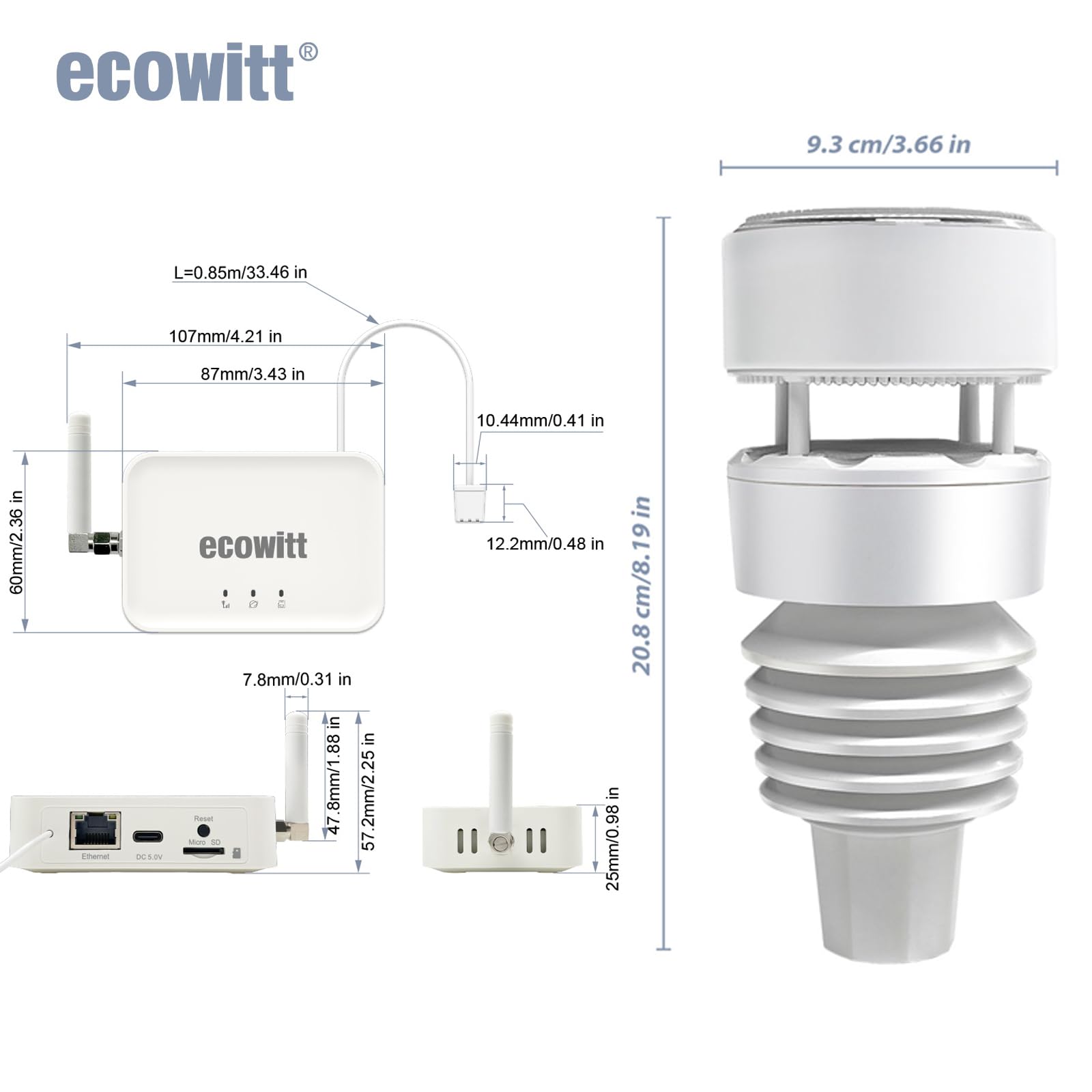 ECOWITT Wifi Wetterstation GW3001, 7-in-1-Garten-Funkwetterstation mit Außensensor WS90 mit Home 3-in-1-WLAN-/Kabel-Hub-Gateway GW3000 mit SD-Kartenanschluss, Wetterassistent 868 MHz