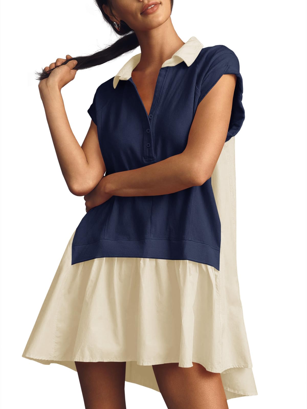 Fisoew Womens Summer Sweatshirt Dresses Short Sleeve V Neck Casual Oversized Patchwork Mini Dress