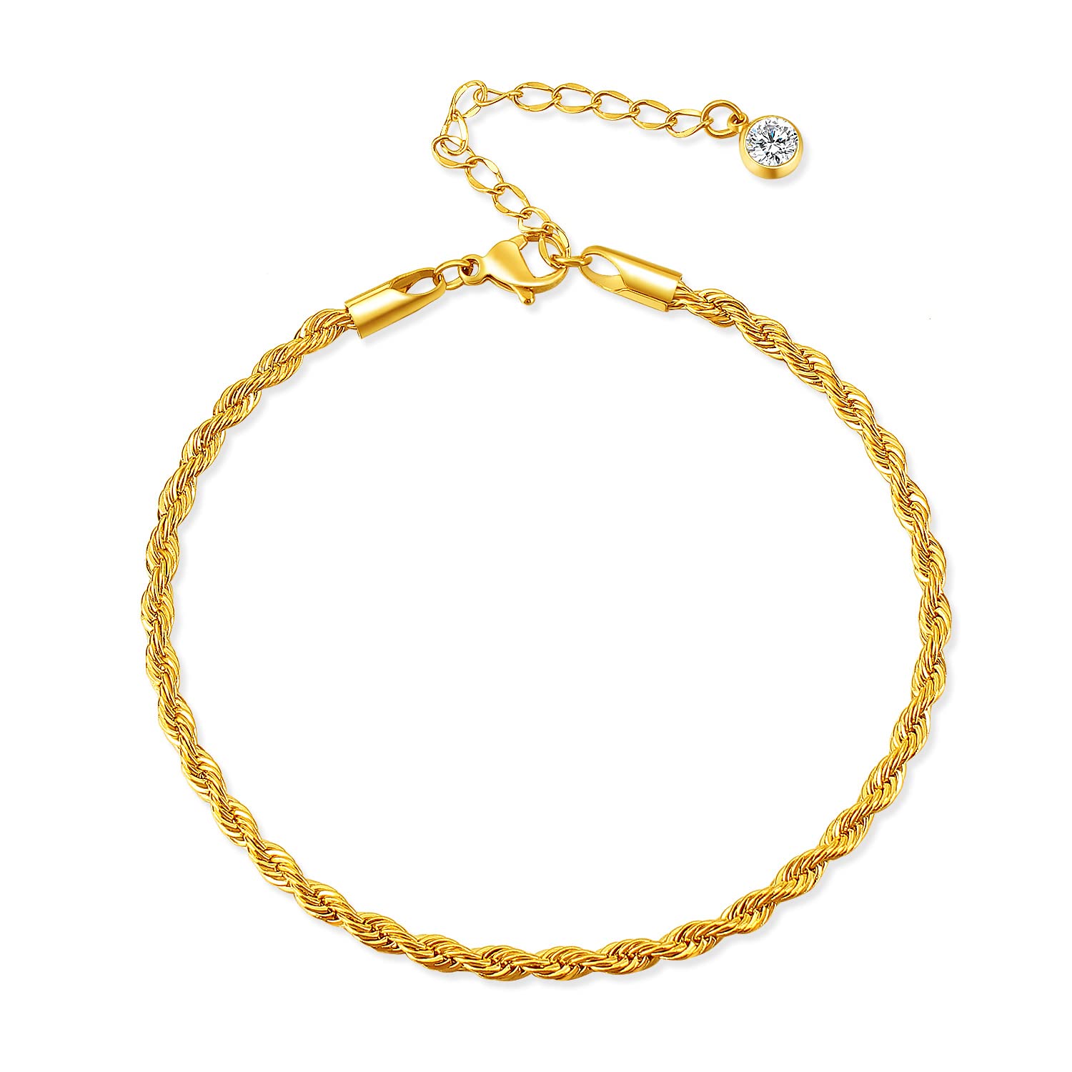 QJLEAnkle Bracelets for Women, 3mm Braided Rope Chain 18K Gold Plated Anklets for Women No Tarnish