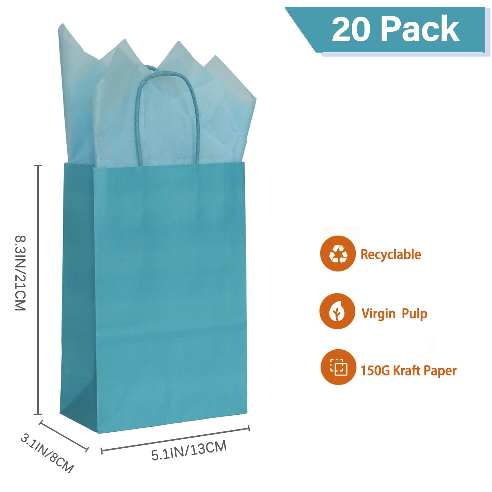 AZOWA Teal Gift Bags with Tissue Paper Small Teal Kraft Paper Bags with Handles (8.3 x 5.1 x 3.1 in, 20 Pcs)