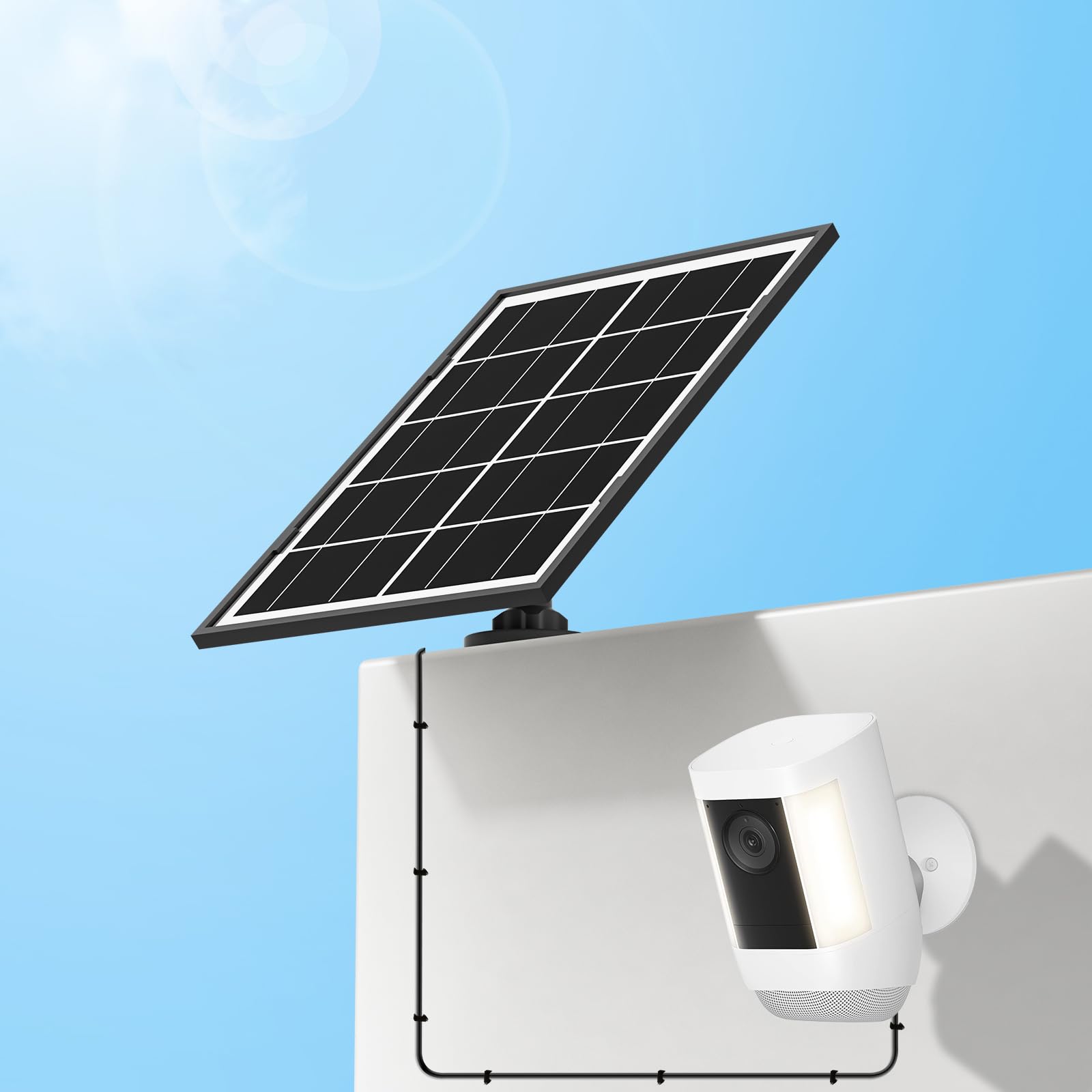 Pannello solare da 7 W per fotocamera ad anello, caricabatterie solare per Stick Up Cam, Stick Up Cam Pro, Spotlight Cam Plus/Pro, con cavo lungo impermeabile da 3 m e adattatore da USB-C a barile