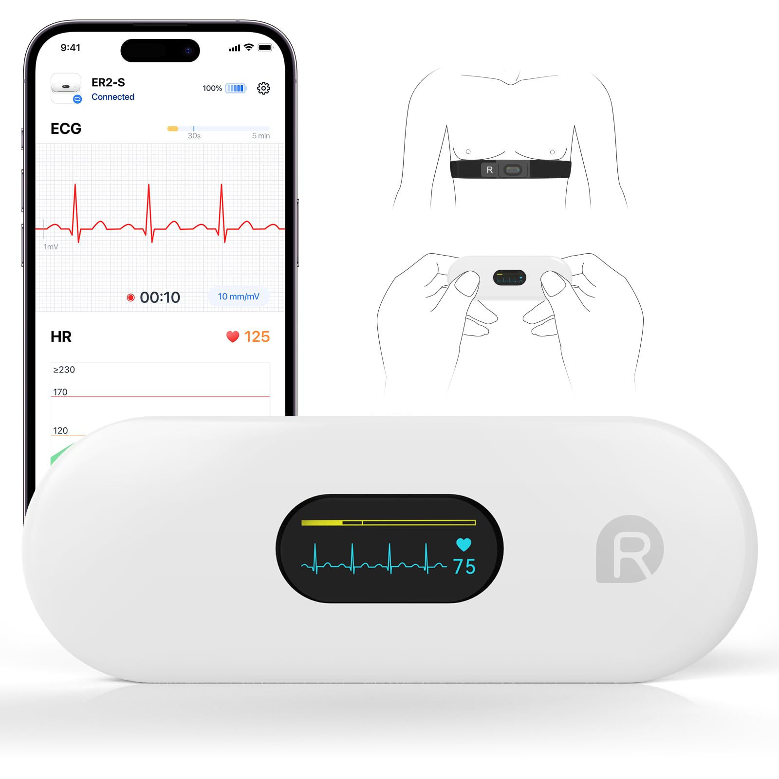 CheckMe ER2-S ECG Portatile, con Fascia Toracica, Holter Cardiaco con Schermo OLED da 0,96 Pollici, 30s - 15mins, APP Forme d'onda in Tempo Reale, Archiviazione dati Illimitata, per iOS e Android