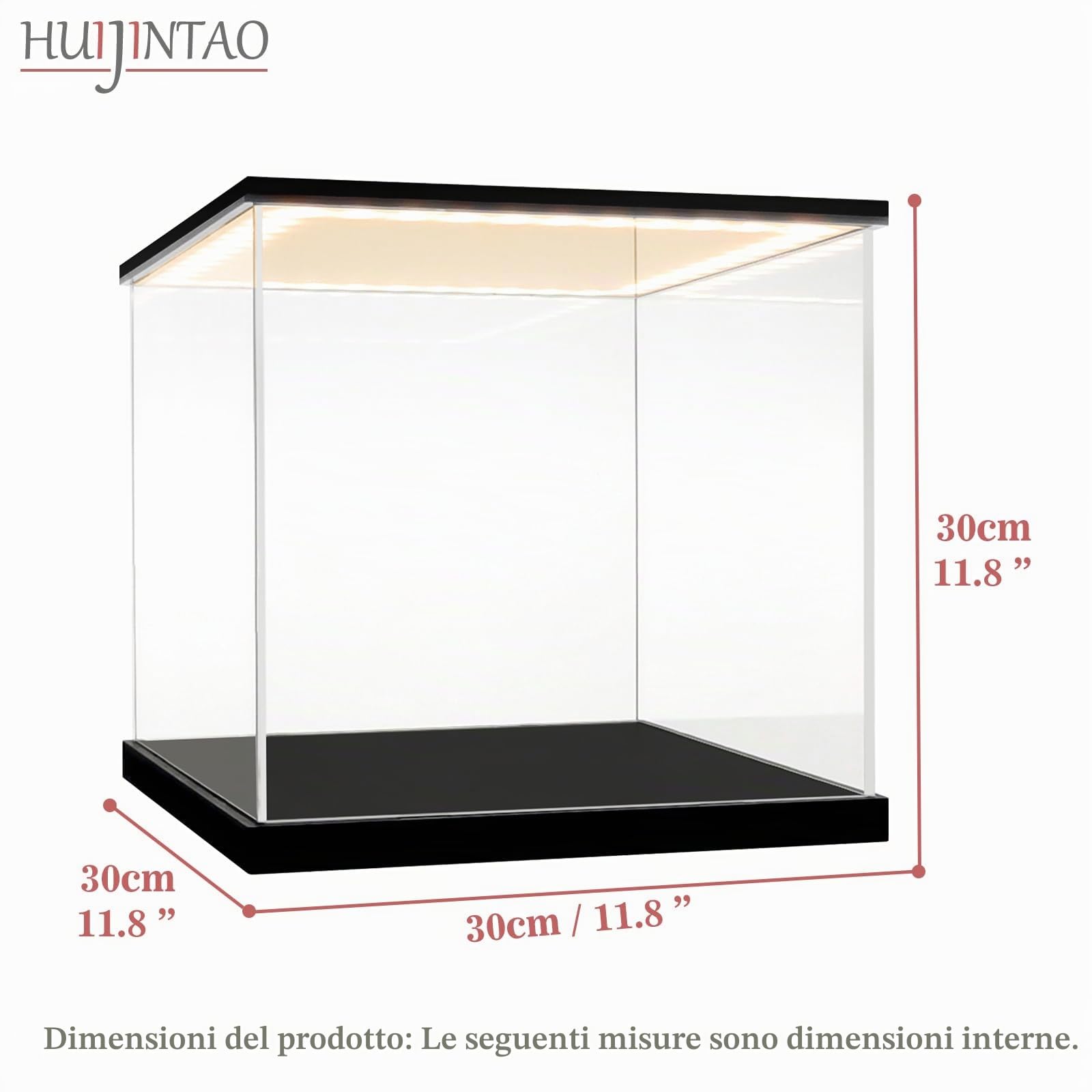 Vetrina in Acrilico con luci a LED e Interruttore, Teca Plexiglass Antipolvere Teca Espositiva, Vetrina Espositiva per Collezionismo, Modellismo (30x30x30 cm)