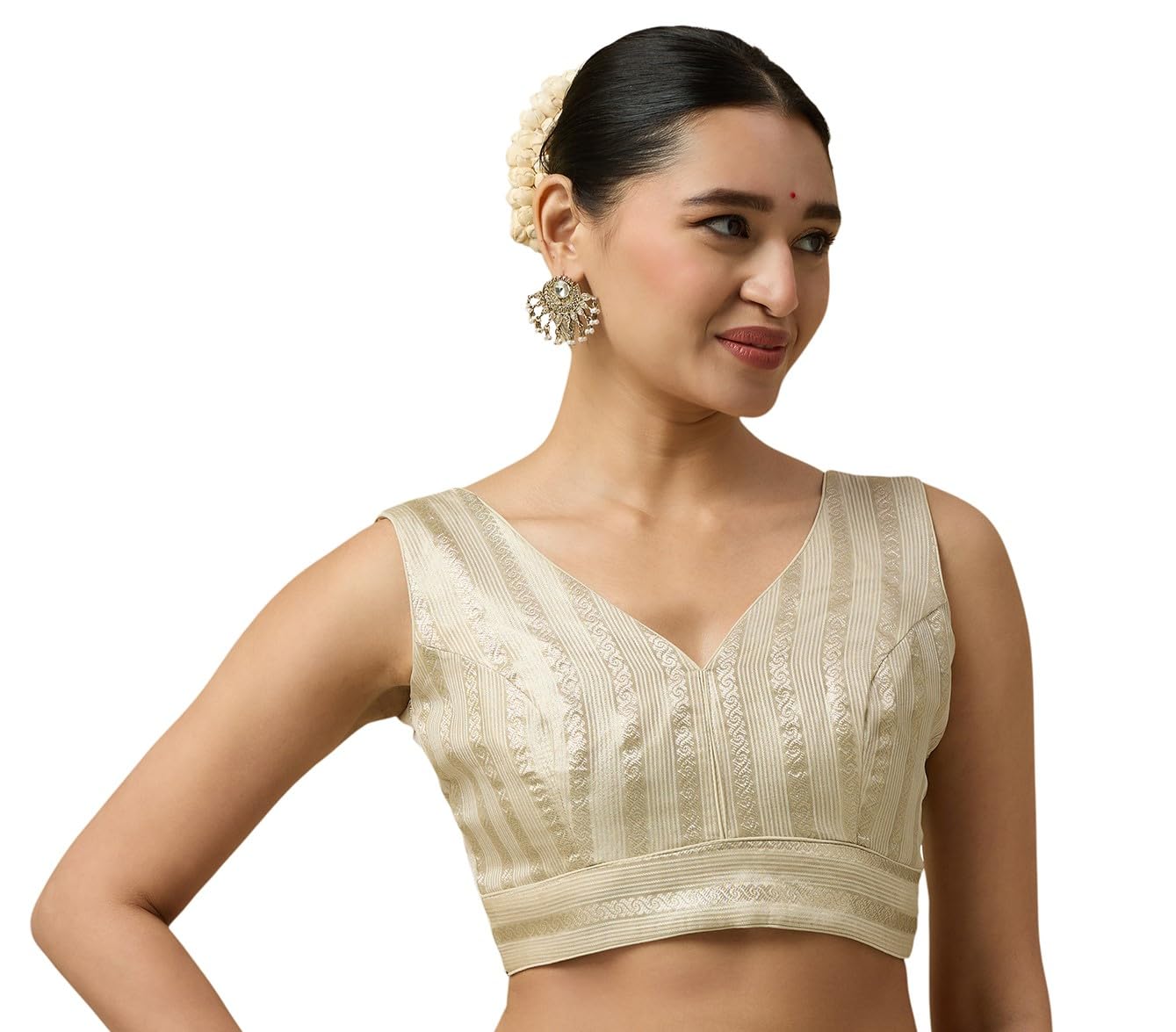 studio shringaar Women's Light Golden Tissue Sleeveless Saree Blouse-picture-25