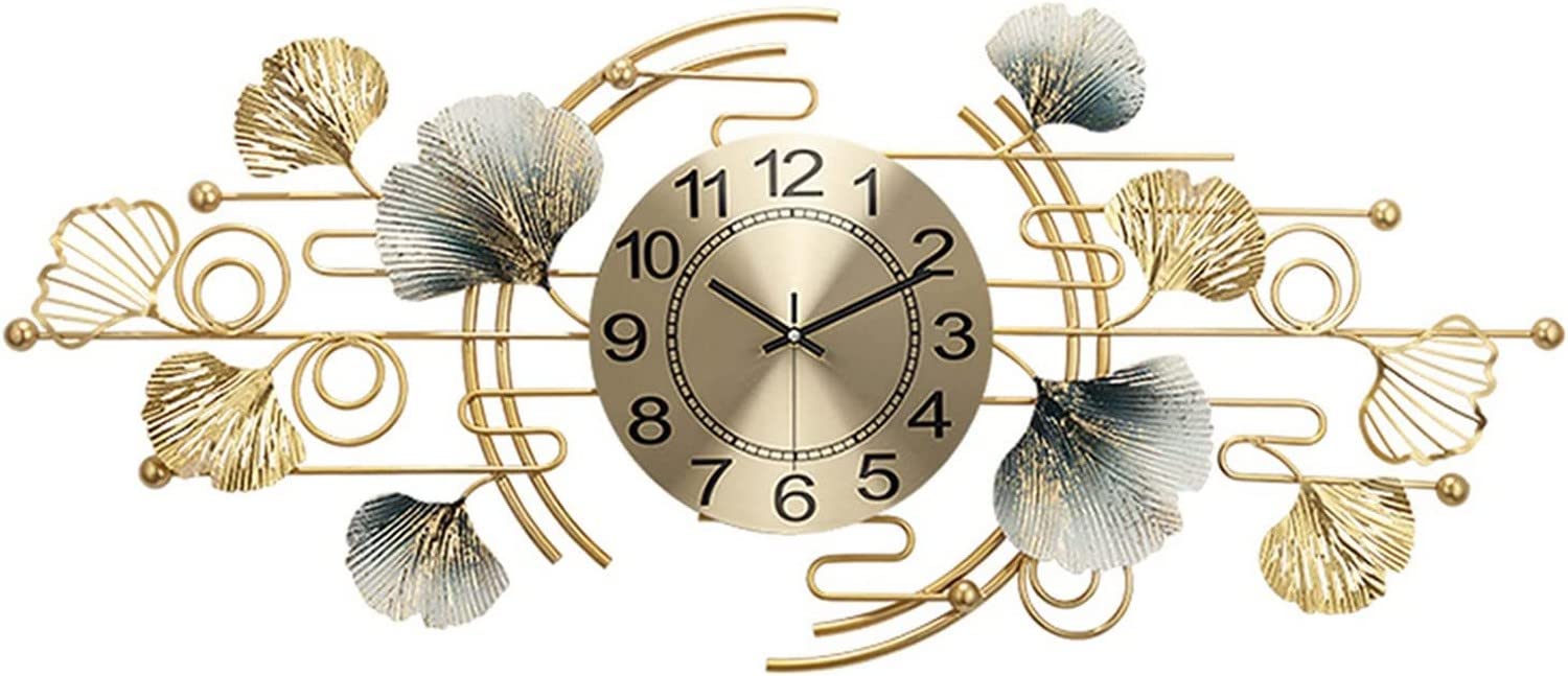 SaryEdge Wall Clock Modern Art Clock Large Decor Wall Clock, Modern Metal Ginkgo Leaf Design Silent Operated Clocks Home for Living Room, Bed Room, Kitchen,Gold,85 * 37Cm,