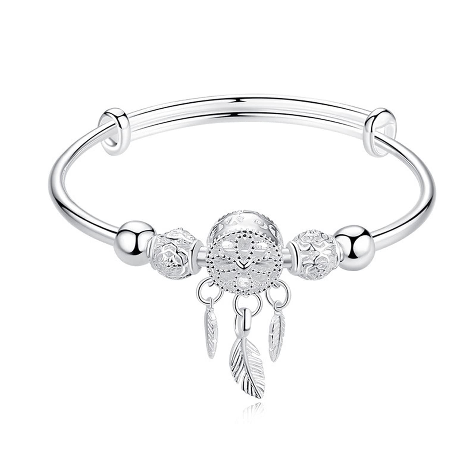 Silver Dream Catcher Tassel Feather Charm Bracelet Bangle Adjustable Mother's Day Jewelry Gift Birthday Christmas Gifts for Women Mom Wife Girls
