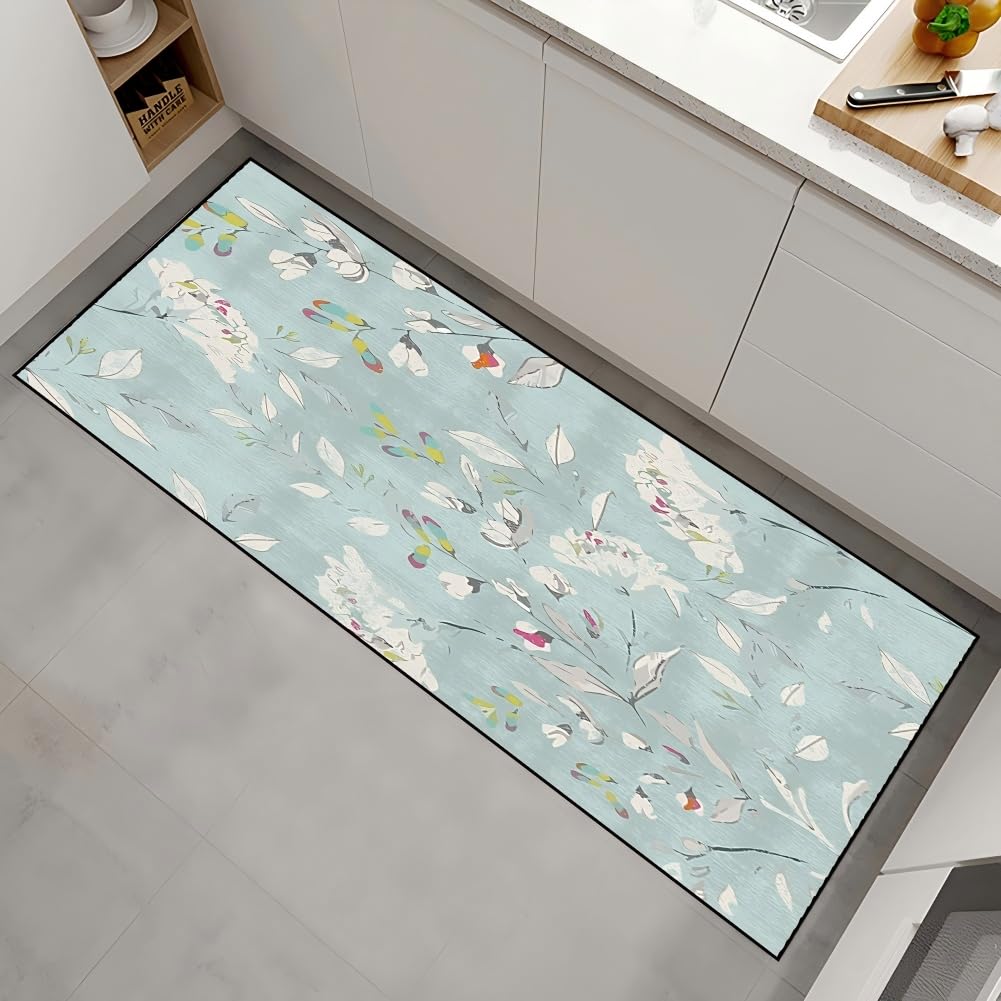 Teppich Läufer Flur Küchen 50x350CM Waschbar rutschfest Waschbar Meterware Schlafzimmer Korridor Teppichläufer Lang, Länge Anpassbare, 40-120cm Breit,Shallow Lotus Blue Flowers