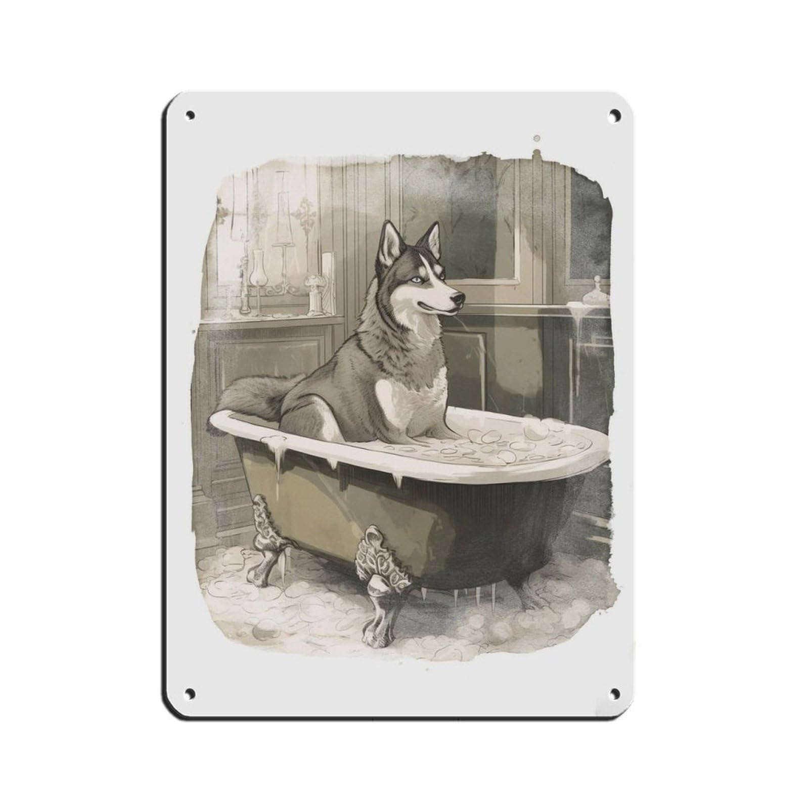 Watercolour Husky Art Fun And Quirky Bathroom Décor Tin Sign Vintage Metal Pub Club Cafe Bar Home Wall Art Decoration Poster Retro 12x16inch(30x40cm)
