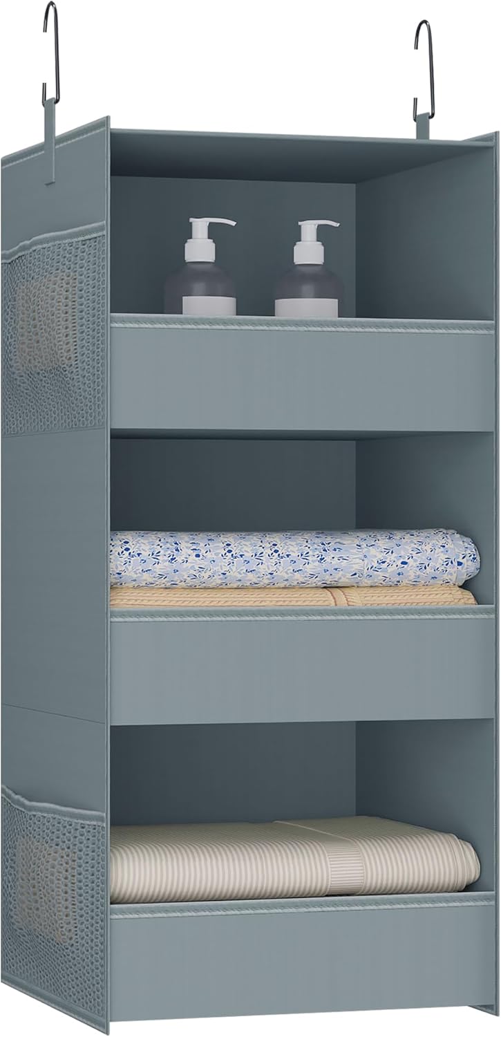 3-Shelf Hanging Closet Organizer and Storage, Foldable Hanging Closet Shelves Front Lip Design Washable Hanging Storage, 28" X 11-3/4" X 11-3/4", Gray