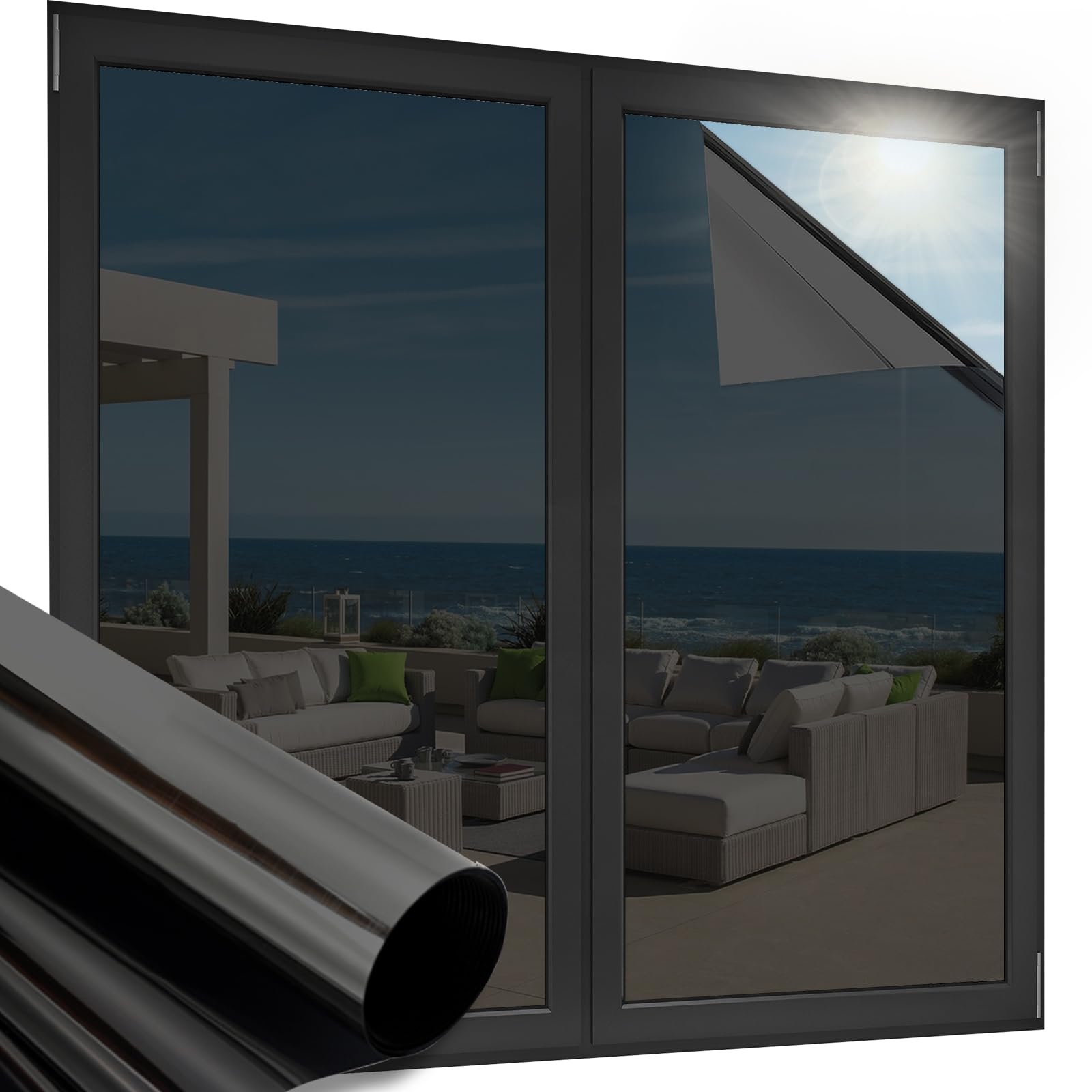 OFHome Fensterfolie Blickdicht von Aussen, Spiegelfolie tönungsfolie selbstklebend scheibentönungsfolie, Sichtschutz Sonnenschutzfolie mit Kleber, Thermofolie Fenster Gegen hitze, Schwarz, 30x300cm