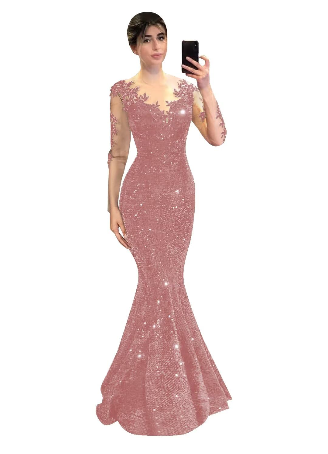 Suayneo Sequin Lace Applique Prom Dresses 2026 Long Sleeve Ball Gown Mermaid Formal Wedding Party Evening Gown