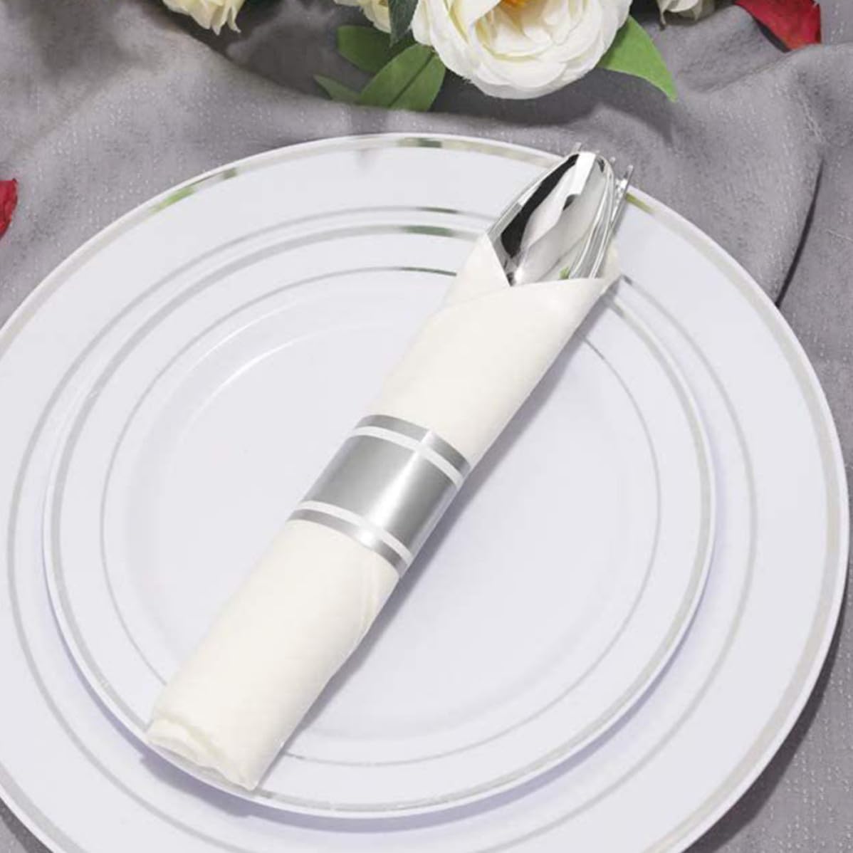 ULTECHNOVO 2 Sets Disposable Cutlery Set with Fork Spoon and Napkin Silver Plastic and Paper Party Tableware Kit Ergonomic Design Practical for Eating at Home or Office