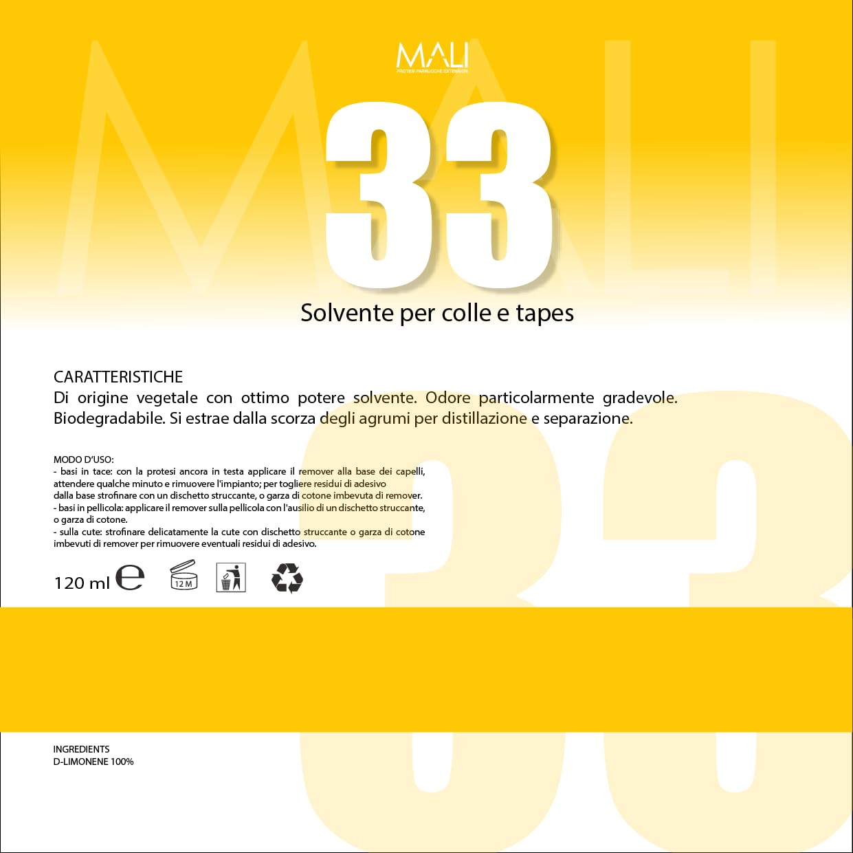 MALI Solvente per Protesi Capillare, Tapes e Patch Cutanea, 120 ml - 33