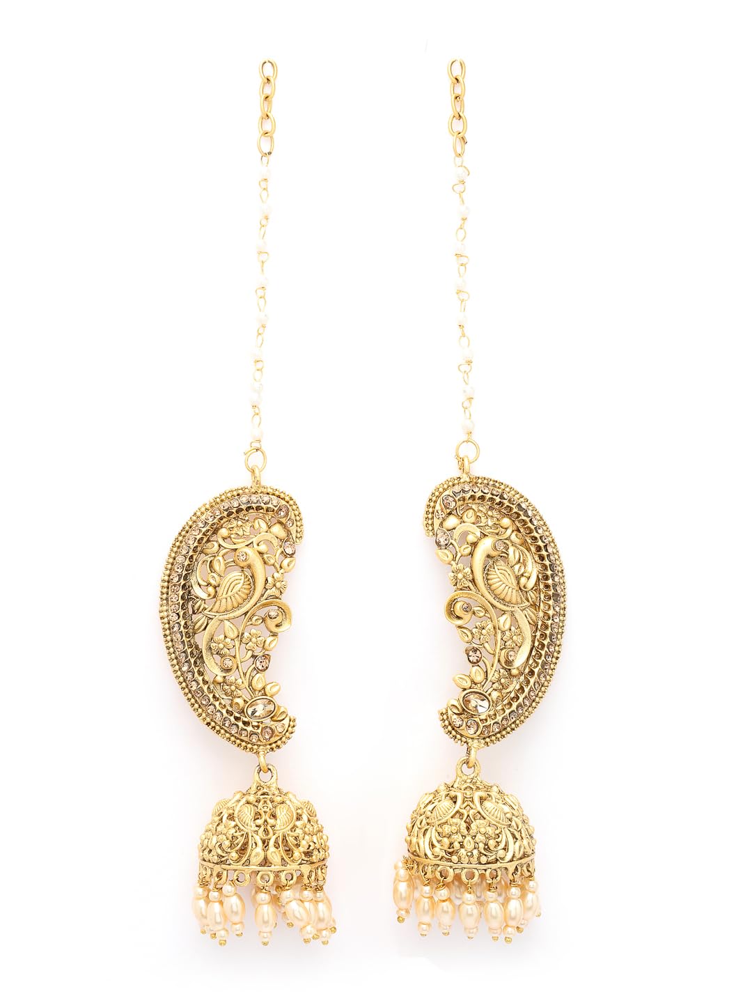 22K Gold-Plated Glossy Pearl & Ruby Stone-Studded & Beads Peacock Shaped Ear Cuff Earrings, Traditional Stylish Ear Cuff Earrings for Women Party, Wedding, Bridal, Occasion, Festive