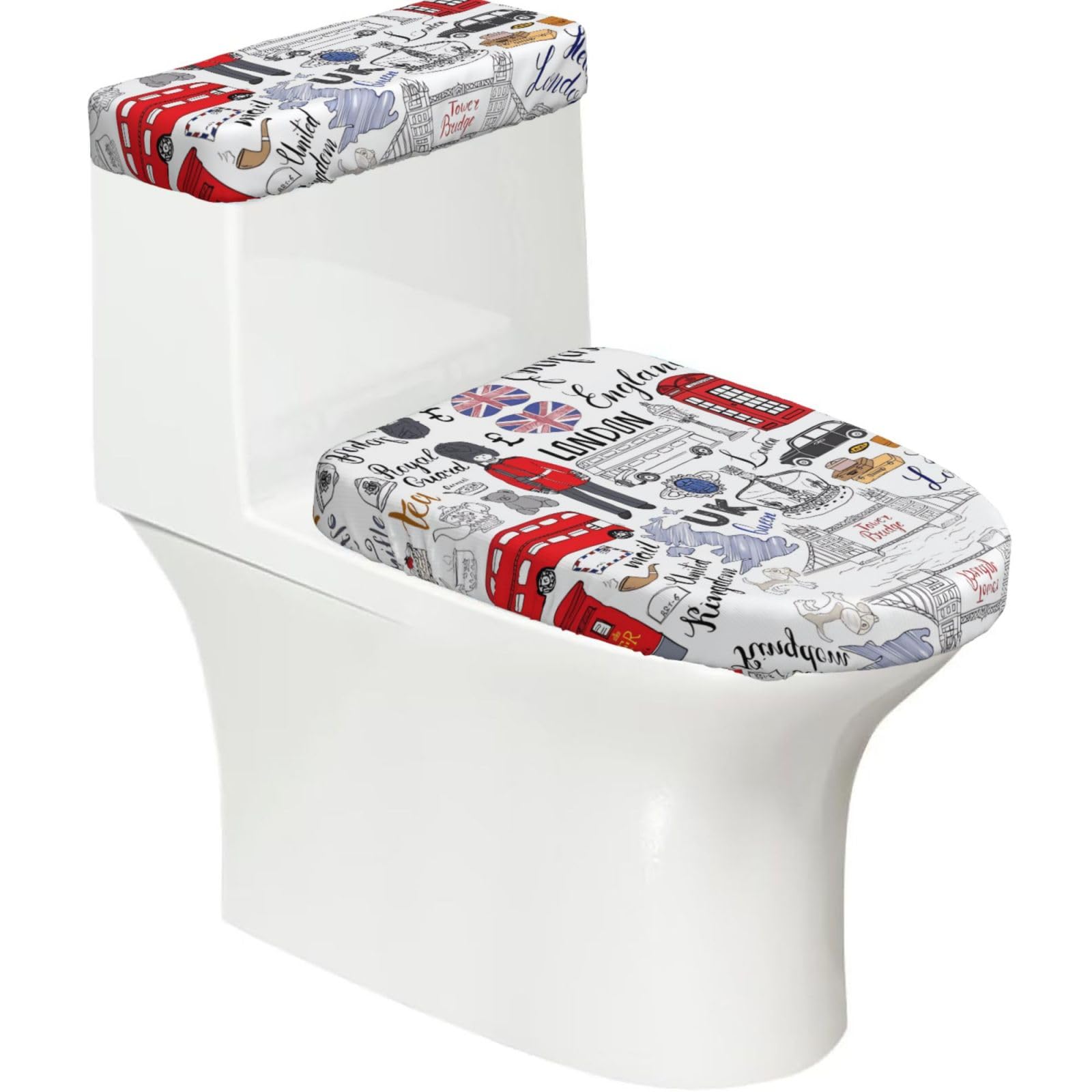 I Love London 2-Piece Toilet Seat Cover Set with Tank Lid - Elastic for U-Shape & Elongated - Bathroom Decor