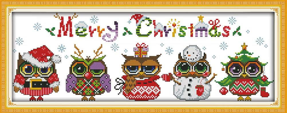 Meecaa Cross Stitch Kits 14 Count Stamped, Christmas owl Christmas Tree Animal Embroidery Kit with Accessories Pre Printed（48×18CM (Christmas Owl)