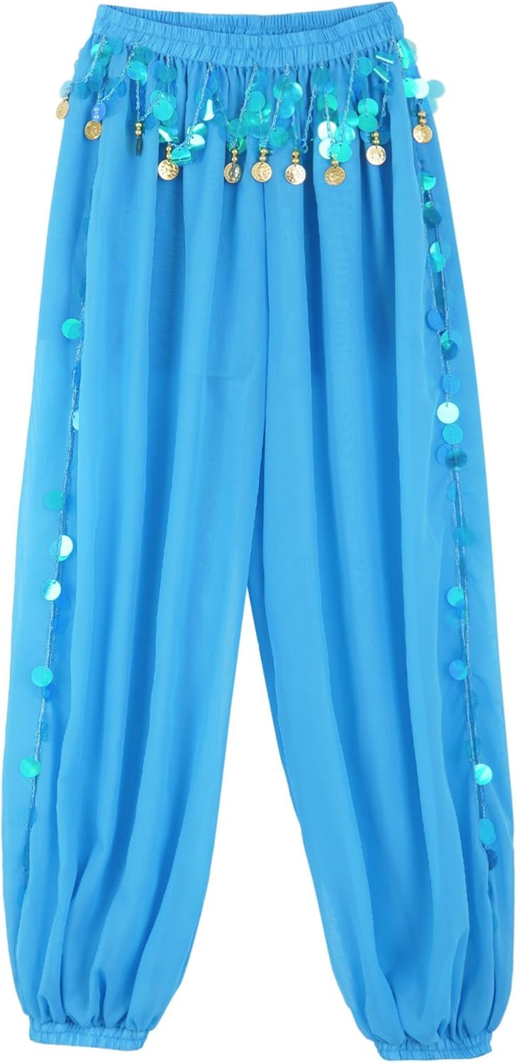 Pantalones de disfraz de danza del vientre para mujer, con lentejuelas divididas laterales, pantalones de yoga harén brillante, pantalones árabes de Halloween