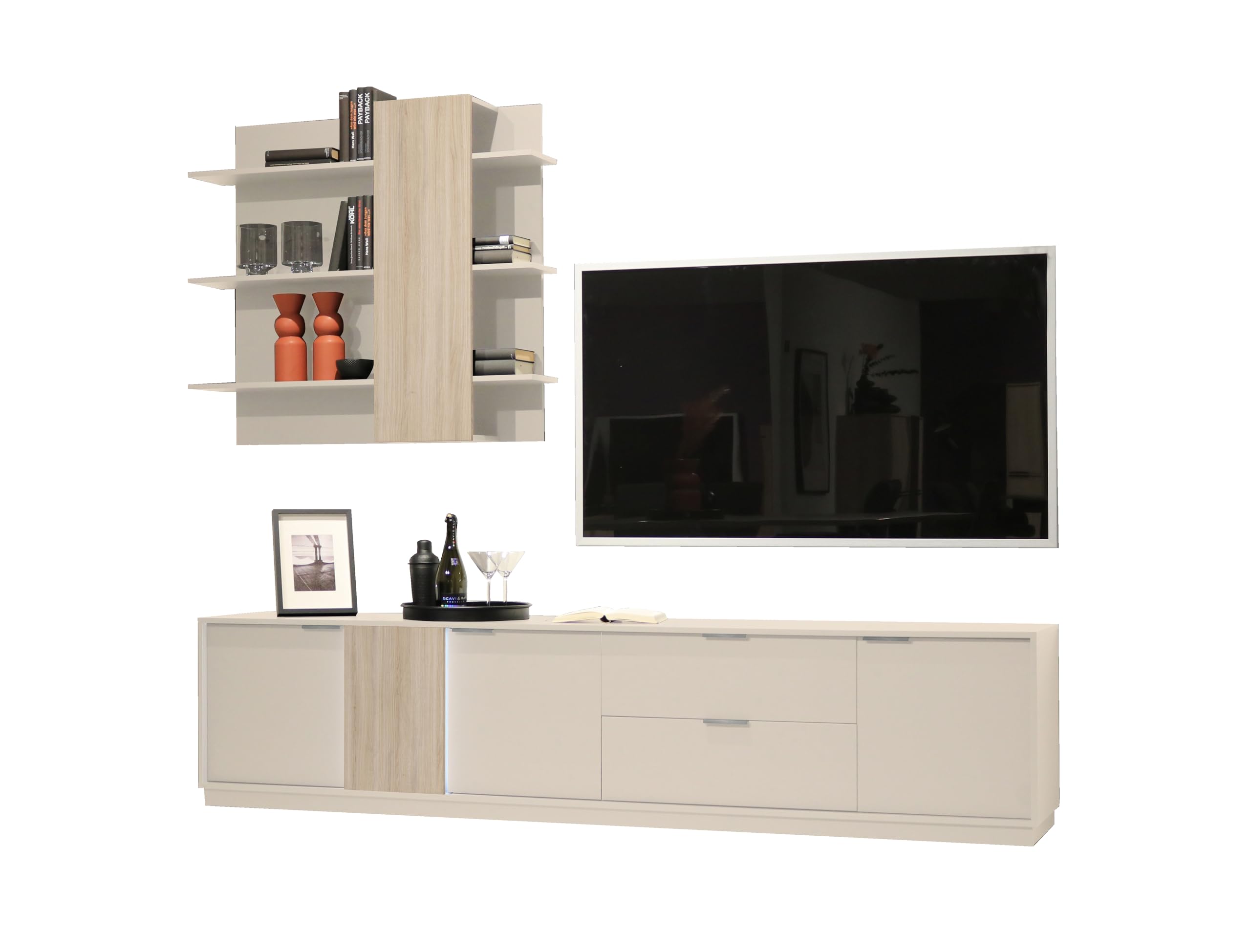 AVANTI TRENDSTORE - Ciampino - Parete da soggiorno in laminato cashmere/riva oak, composta da un mobile Tv, scaffale a parete e illuminazione a LED. Dimensioni ca. LAP 238x202x40 cm