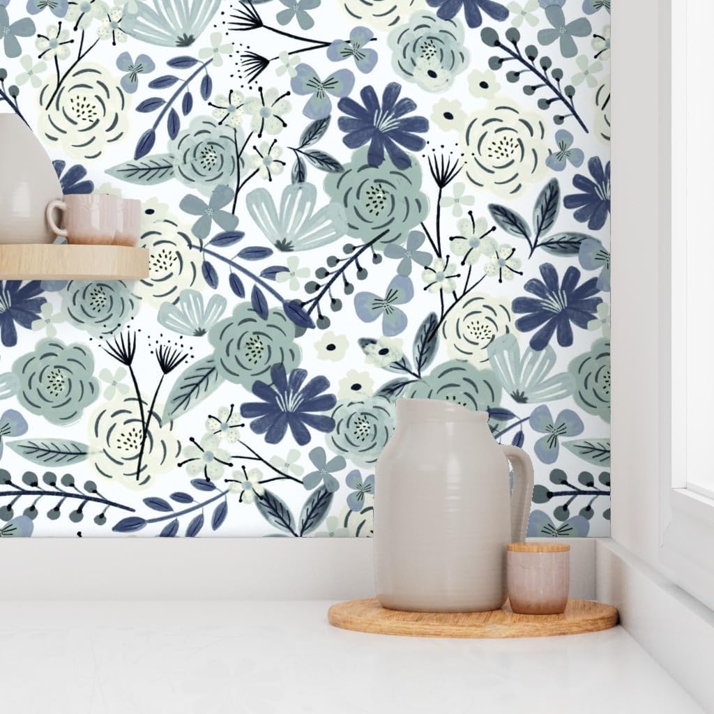 Spoonflower Removable Wallpaper Swatch - Blue Boho Floral Sage Green Floral Wilderness Large Scale Navy Custom Pre-Pasted Wallpaper