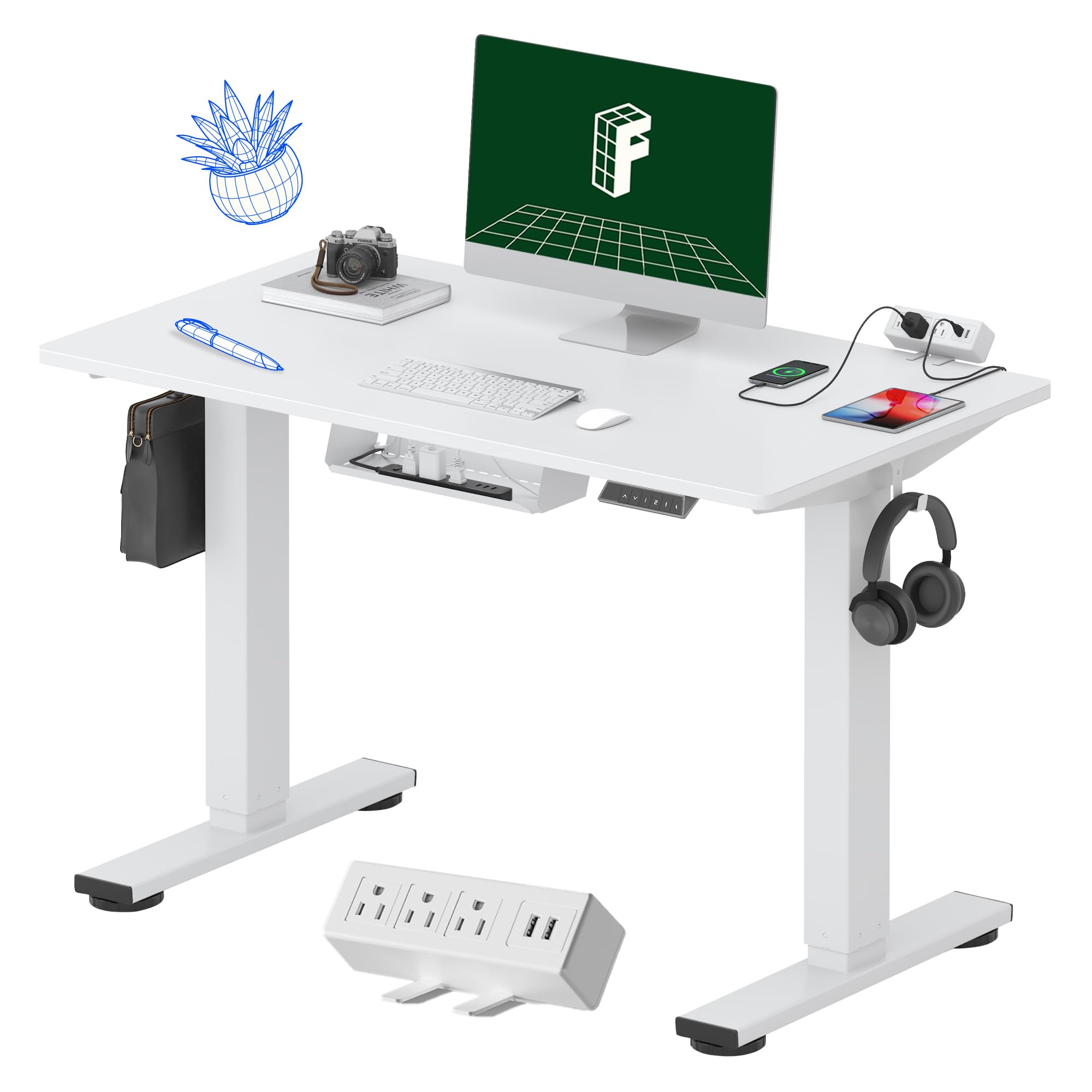 FLEXISPOT EN2 Whole-Piece Standing Desk with Clamp Power Strip, 40 x 24 Electric Stand Up Height Adjustable Desk with Cable Management (White Frame +