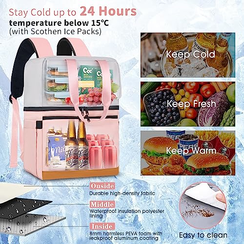 Image of Scothen Backpack Cooler with Double Decker & 12 Ice Packs- Keeps 36 Cans Cold for Up to 24 Hours- Waterproof & Leak Proof Insulated Cooler Backpack- Stylish Cooler Bookbag for Women Travel Work Beach