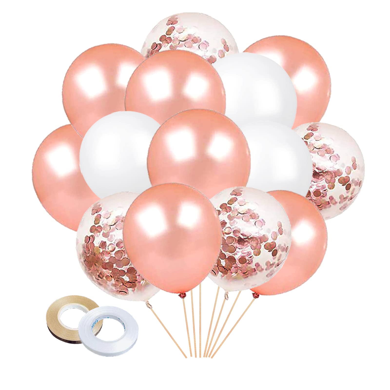 Rose Gold Balloons-80pcs 12 inch Rose Gold Confetti balloons and White Latex Balloons with 2 pcs Ribbons for Birthday Party Wedding Anniversary Bridal Shower Decorations.