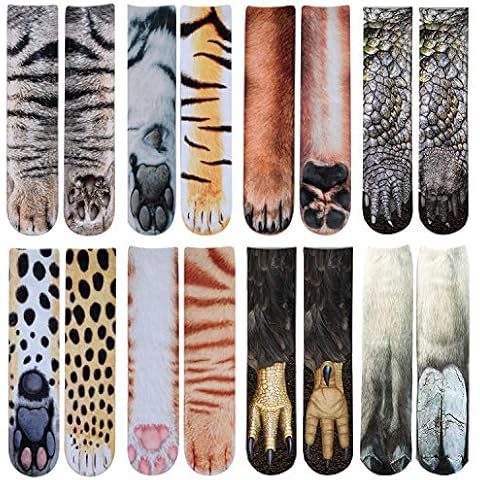 8 Pairs Animal Paw Crew Socks Funny Novelty Cute Crazy 3D Socks Gifts for Women Men Boys Girls Kids, Dinosaur Cat Tiger Leopard Eagle Dog Orange Cat Camel, 35 cm Cover