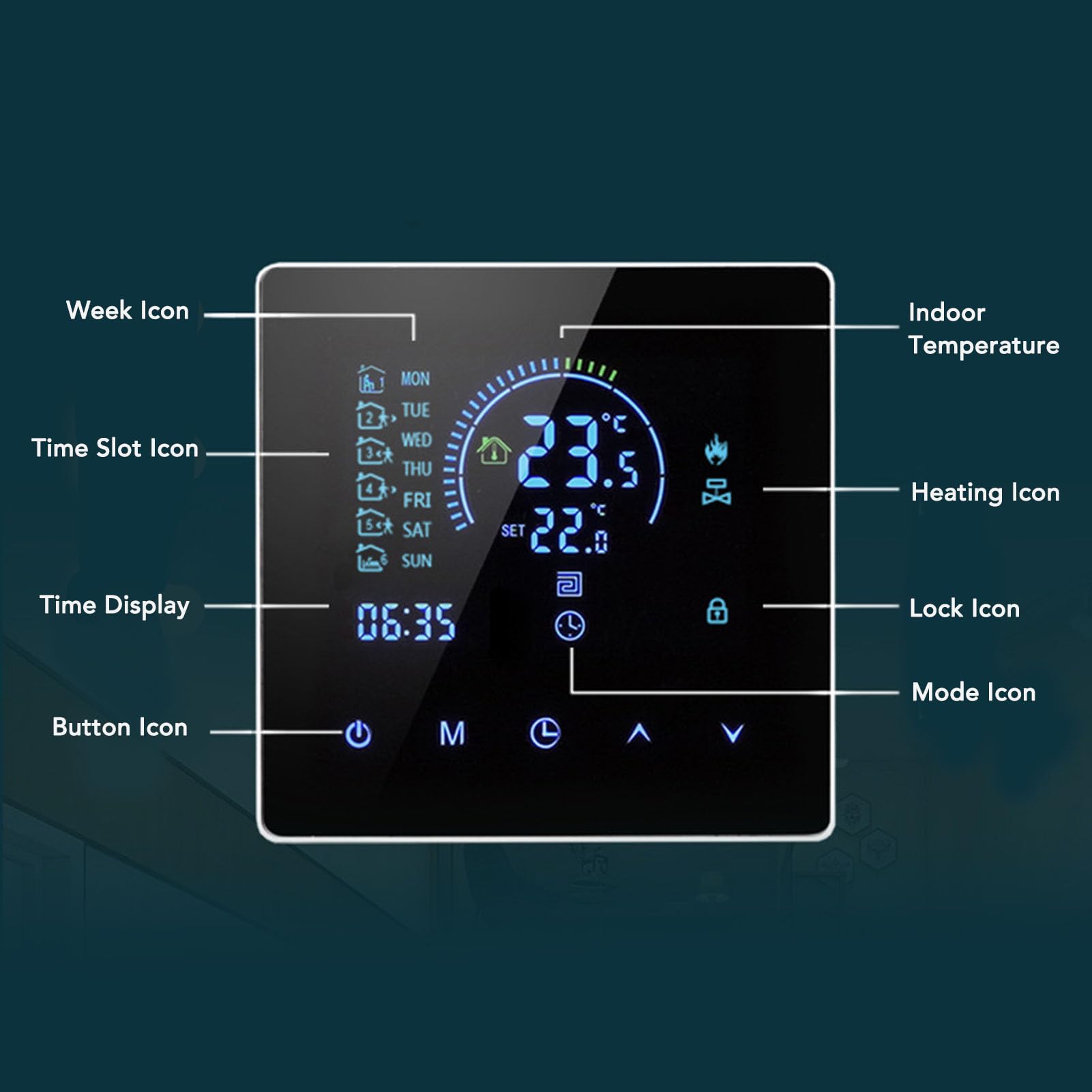 Termostat Cyfrowy, Programowalny Wyświetlacz LCD z Wbudowanym Czujnikiem Temperatury, Kompatybilny z Elektrycznymi Systemami Ogrzewania Podłogowego, Domy, Biura (Typ standardowy)