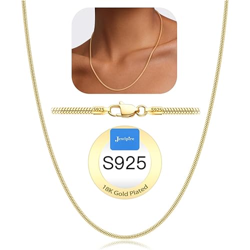 Jewlpire Italian 1.5mm 2mm 2.5mm Snake Chain 18K Gold Plated 925 Sterling Silver Chain Necklace for Women, Smooth Sturdy Hypoallergenic, 16 18 20 22 24 Inch