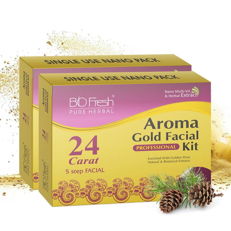 BIOFRESH HERBALS 24k Aroma Gold Facial Kit 5 Steps - 46gm Instant Glow with Gold Dust Professional Facial Kit with Scrub, Cream, Gel, Pack & Serum for Brighter Skin (Pack of 2)