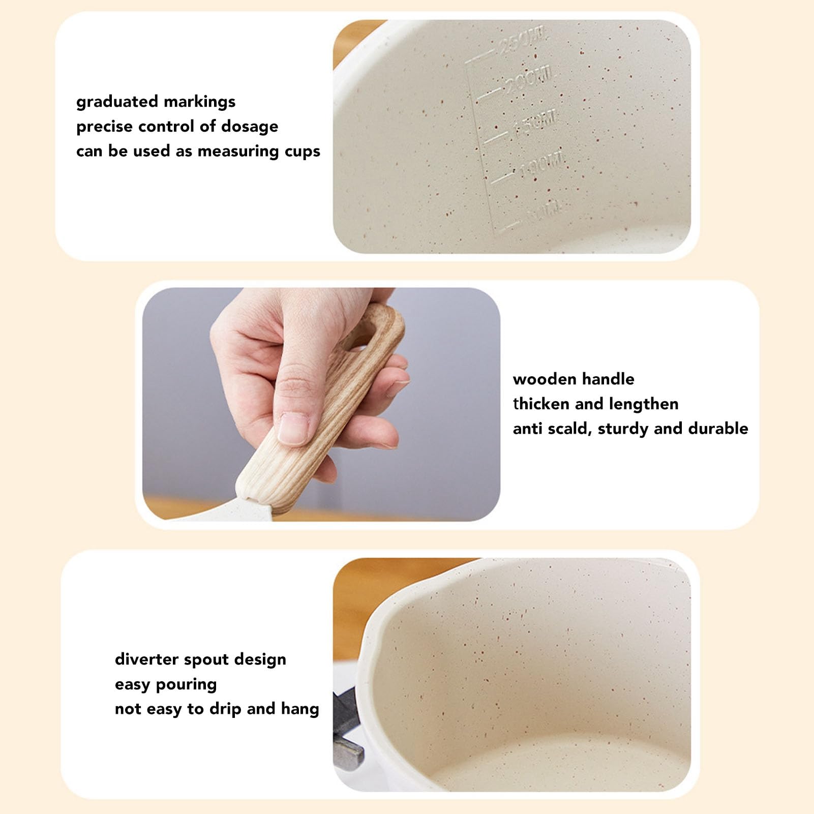 Mini Casserole à Lait 250 ML Maifanstone Casserole Chauffe-Lait Blanc avec Manche en Bois et Échelle de Mesure, Pot à Beurre pour Tables de Cuisson à Induction Cuisinière à Gaz