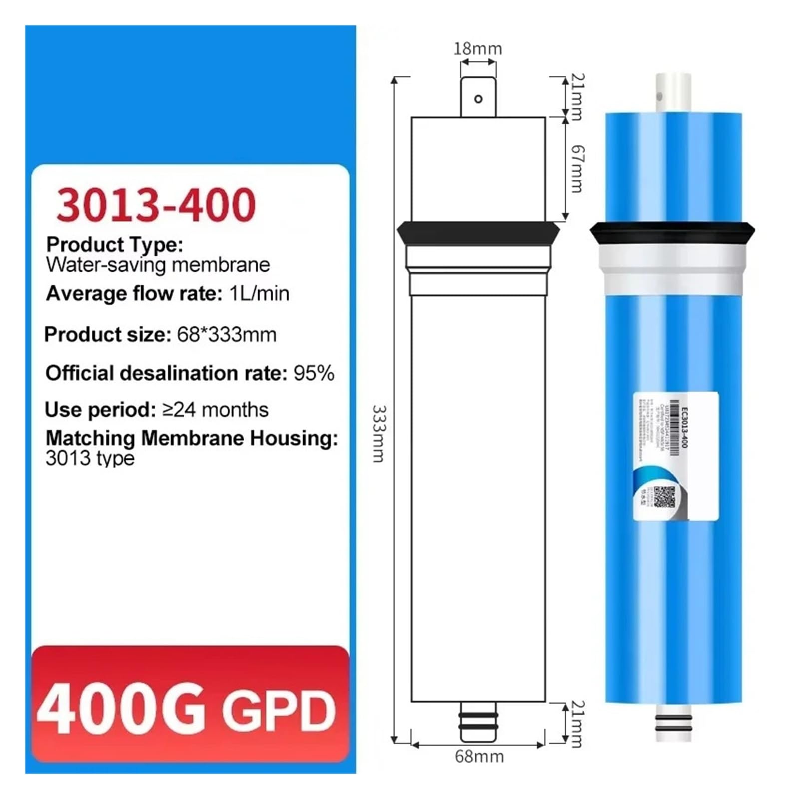 Membrana RO universale da 400 GPD 3013-400 for purificatore d'acqua for uso domestico, elemento filtrante di ricambio