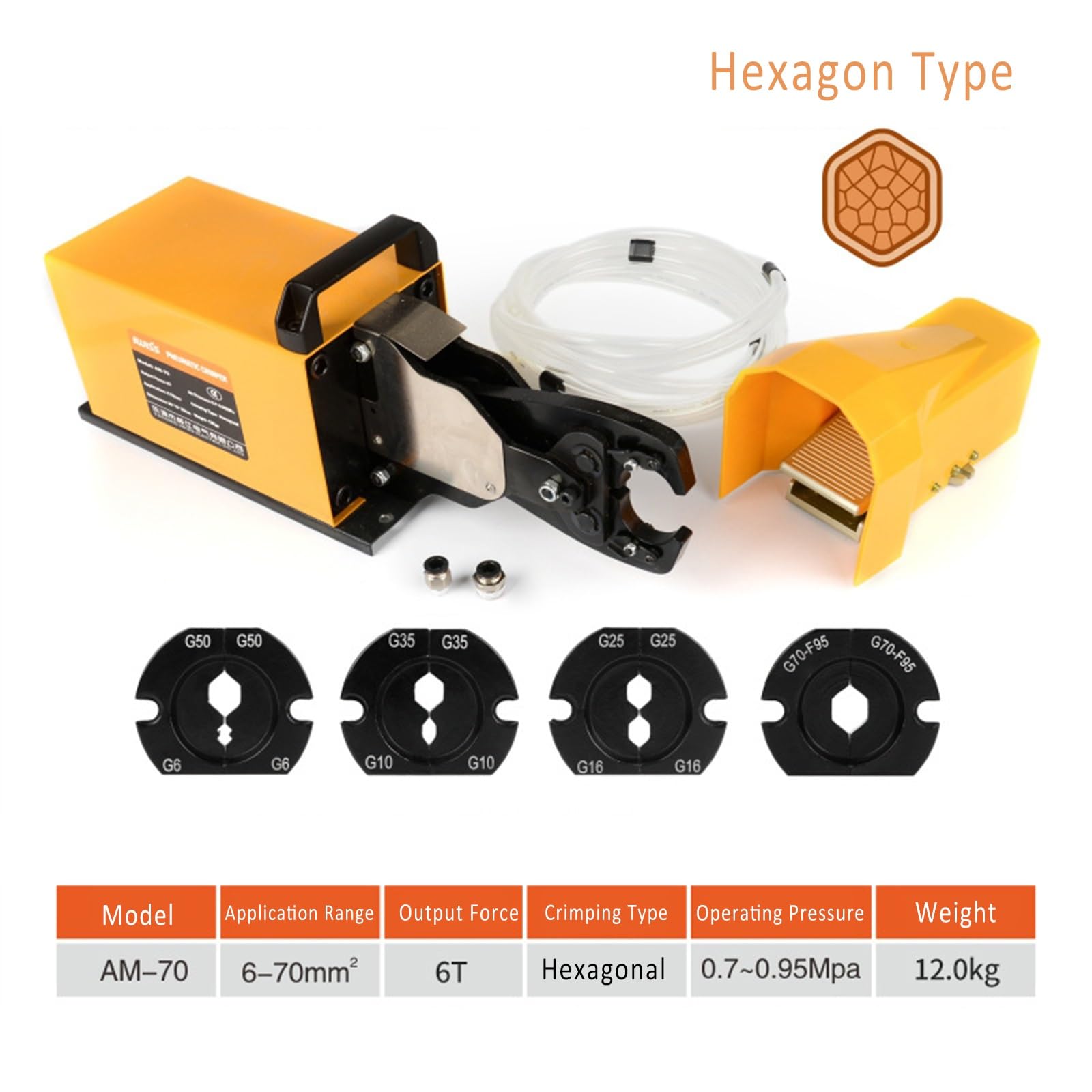 Máquina prensadora neumática, herramientas resistentes 6.0T con válvula de pie y juego de mandíbula para rango de crimpado de 6 a 70 mm² para múltiples aplicaciones