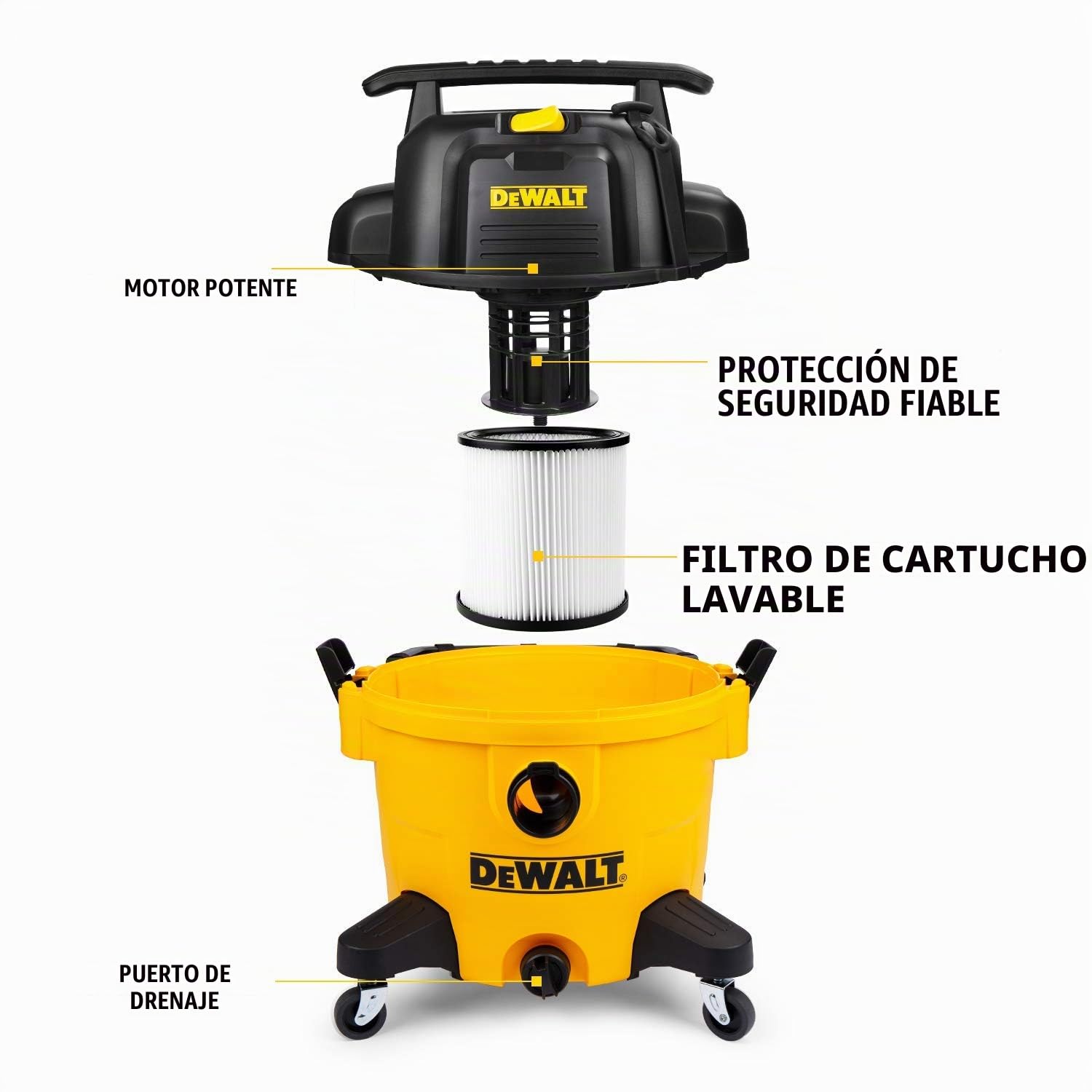 DEWALT Aspirador en Seco y Húmedo DXV34P, función de soplado, Depósito de 34 l, 1200 W, Amarillo