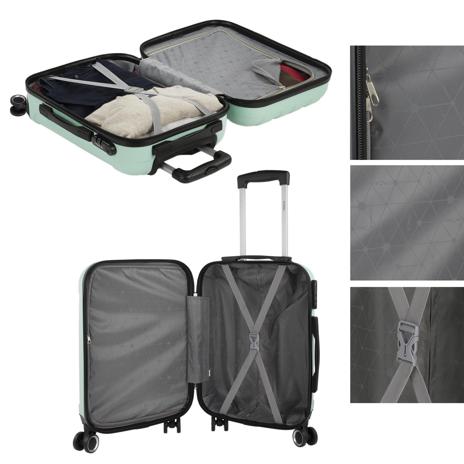ITACA - Bagaglio A Mano Rigido Leggero Bagaglio A Mano 55X40X20 con 4 Ruote Silenziose Trolley Cabina Viaggio Aereo Ergonomico Durevole. Compatibile Ryanair, Menta