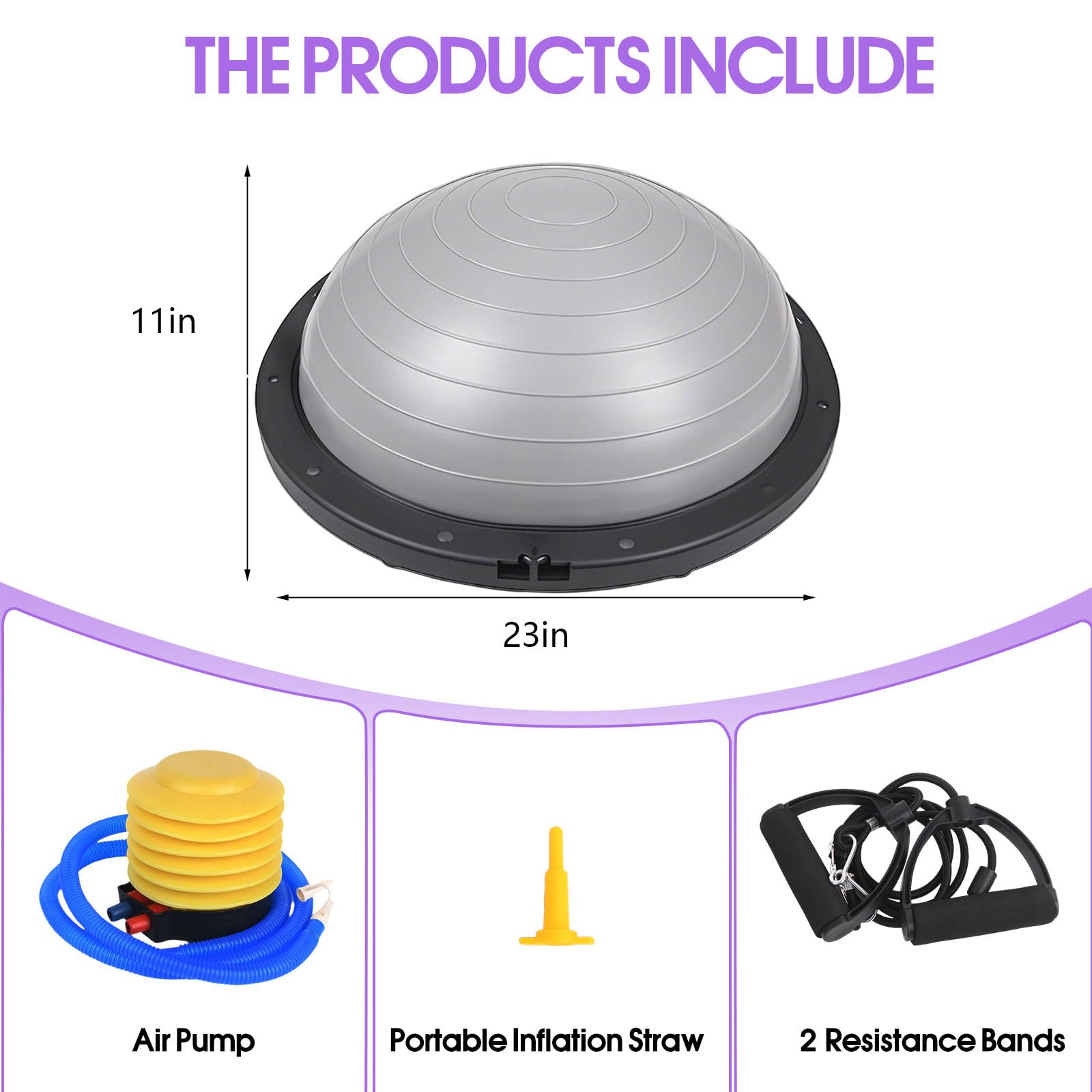 Half Balance Ball Trainer, 66 cm Stabilitätsball mit Widerstandsbändern, Gymnastikball mit Fußpumpe, Grau