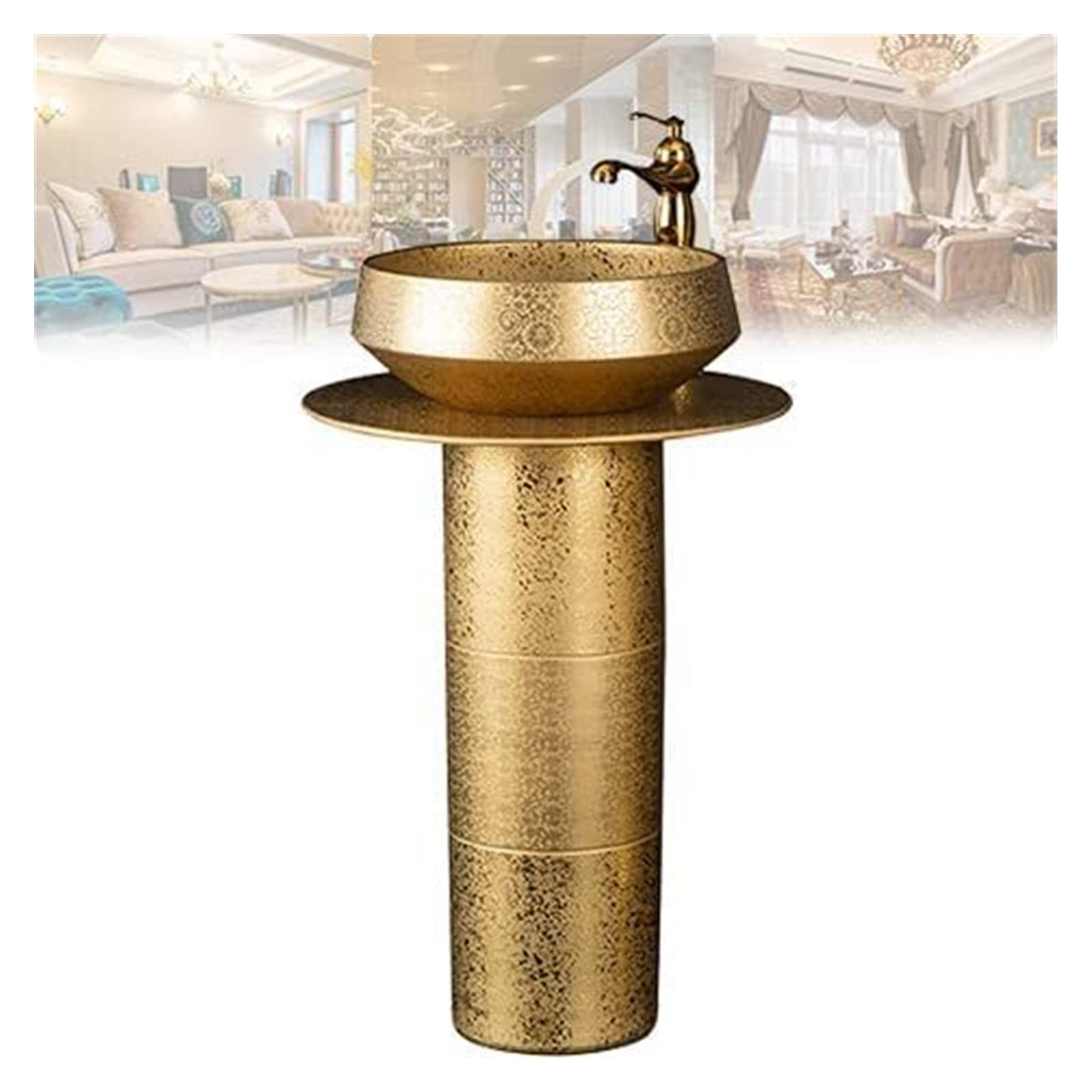 OLSKFUH Freestanding Pedestal Sink Floor Standing Art Sink Vessel Sink Kaolin Clay Pedestal Sink Freestanding Bathroom Sink With Full Pedestal And One Tap Hole Round Freestanding,Without Mirror